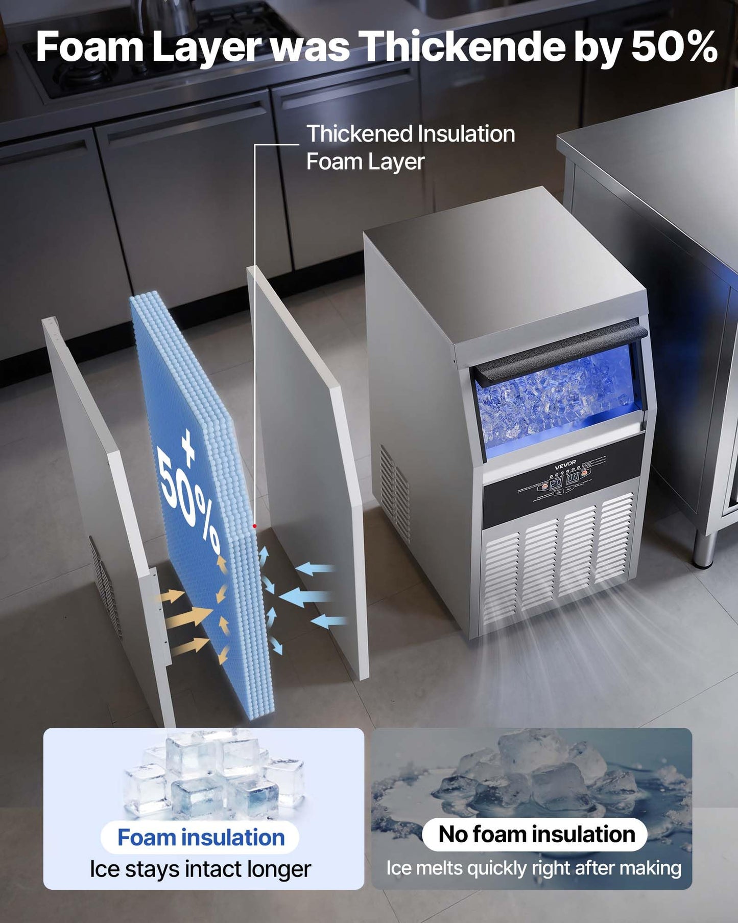 VEVOR Commercial Ice Maker Machine, 160 lbs/24h with 30 lbs Storage Capacity, Built-in/Freestanding/Under Counter, Stainless Steel Ice Maker with LED Display & Self-Cleaning, for Home Bar Restaurant