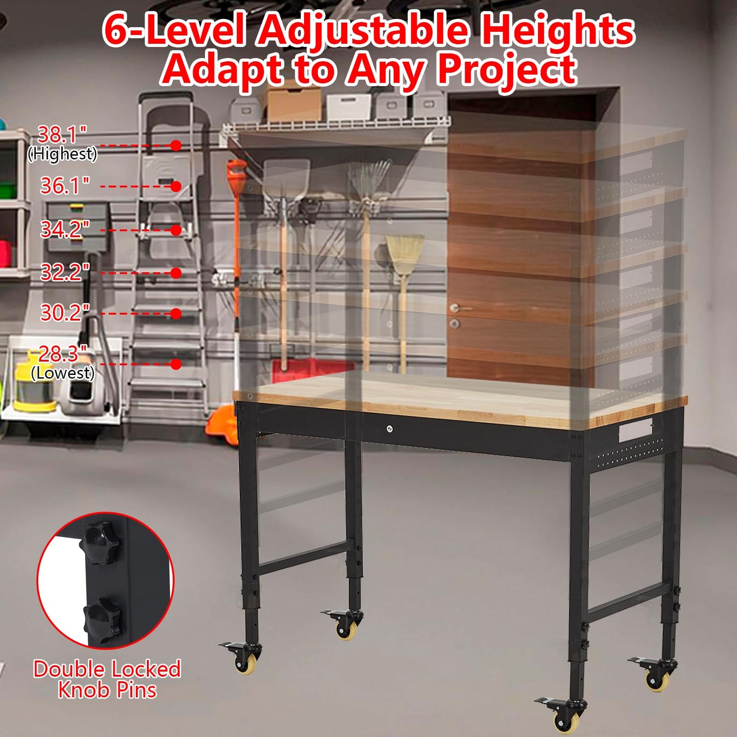 ACONEE 48" Adjustable Workbench, Heavy Duty Workstation 2000 LBS Load Capacity, Rubber Wood Top Workstation with 4 Rolling Casters, Power Outlets, Metal Frame, Wood Top Workbench for Workshop Garage