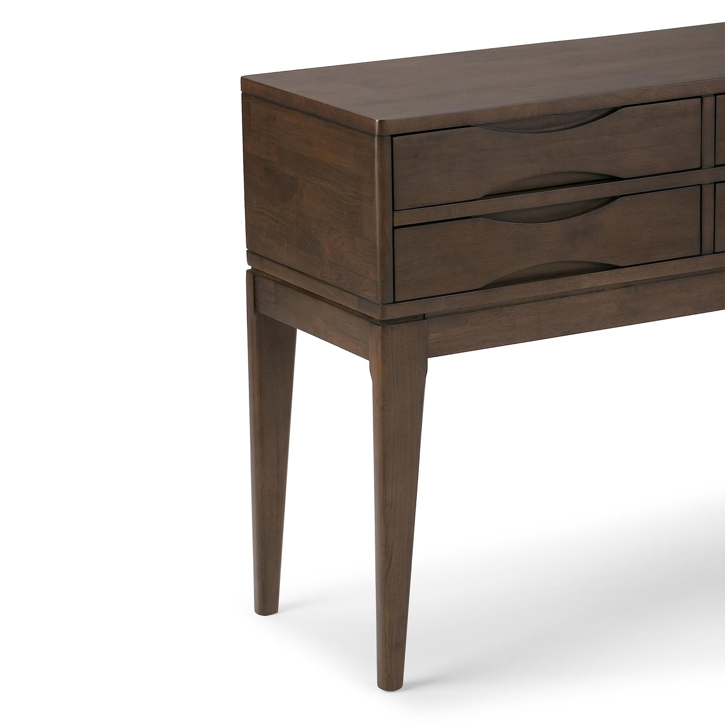 SIMPLIHOME Harper Console Table - 40 Inch Wide Solid Hardwood Sofa Table in Walnut Brown, Mid-Century Modern Storage Table for Entryway or Living Room with 4 Drawers, Notched Handles, and Tapered Legs