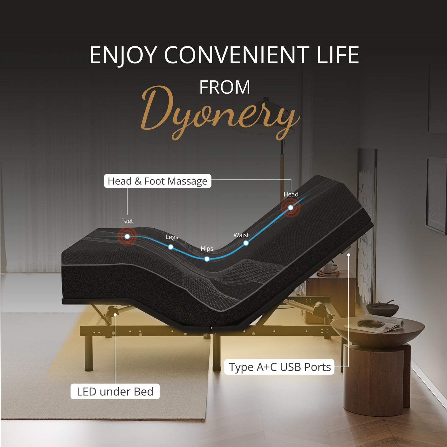 Dyonery Full Adjustable Bed Base with Wireless Remote + 14 Inch Full Charcoal Gel Memory Foam Mattress Bed in a Box, Head and Foot Incline & Massage, Zero Gravity, Fiberglass Free, 75" × 54"
