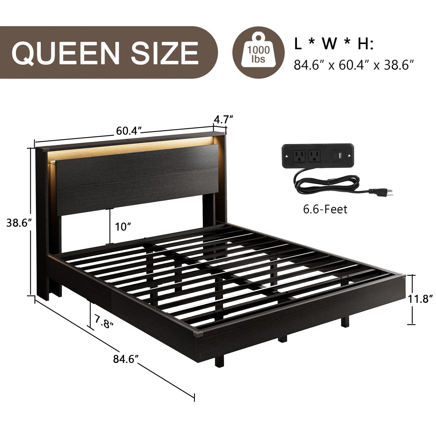 Einhomn Bed Frame Queen Size with LED Lights & Charging Station – Kids Wood Floating Queen Bed Frame with Storage Headboard, Adhesive Slats, Kick-Free & Noise-Free Design, Easy Assembly, Black