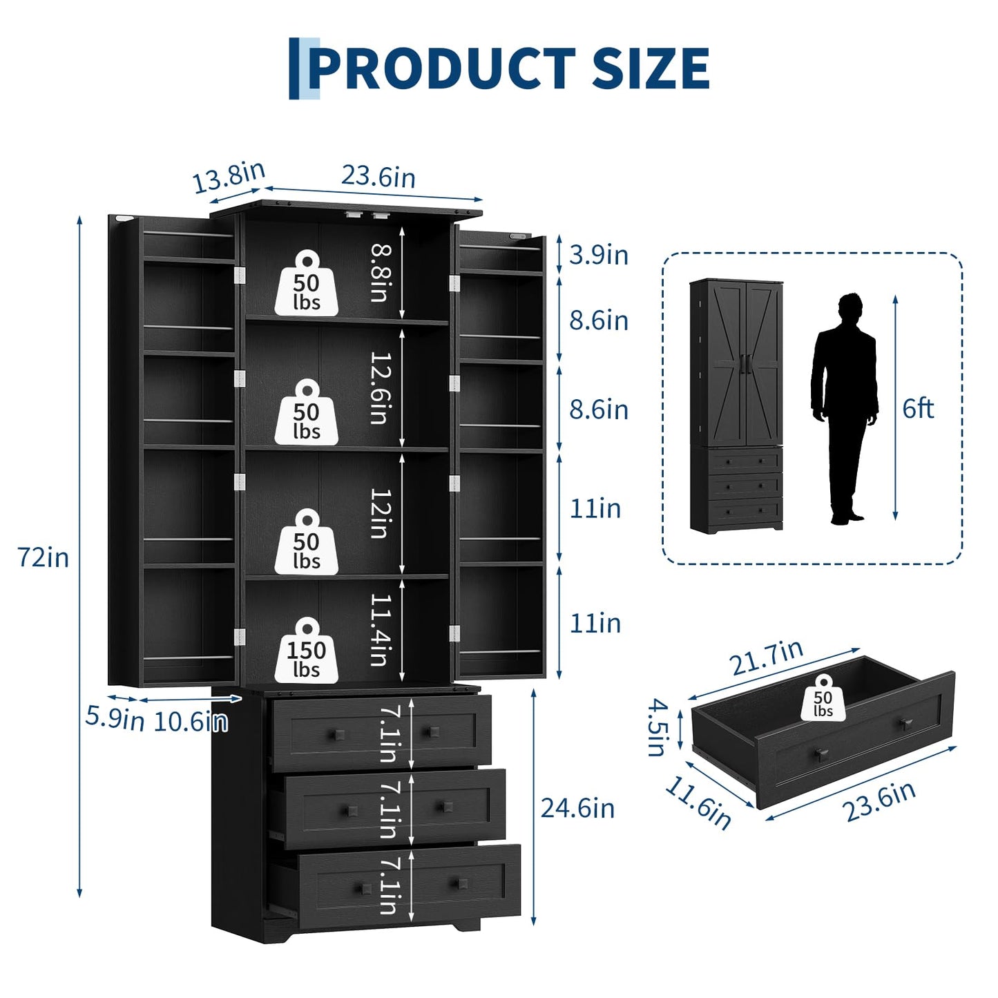 Garvee 72'' Tall Kitchen Pantry Cabinet, Freestanding Tall Cupboard Storage Cabinet with 3 Drawers, Adjustable Shelves, Large Farmhouse Pantries for Living Room, Kitchen, Black