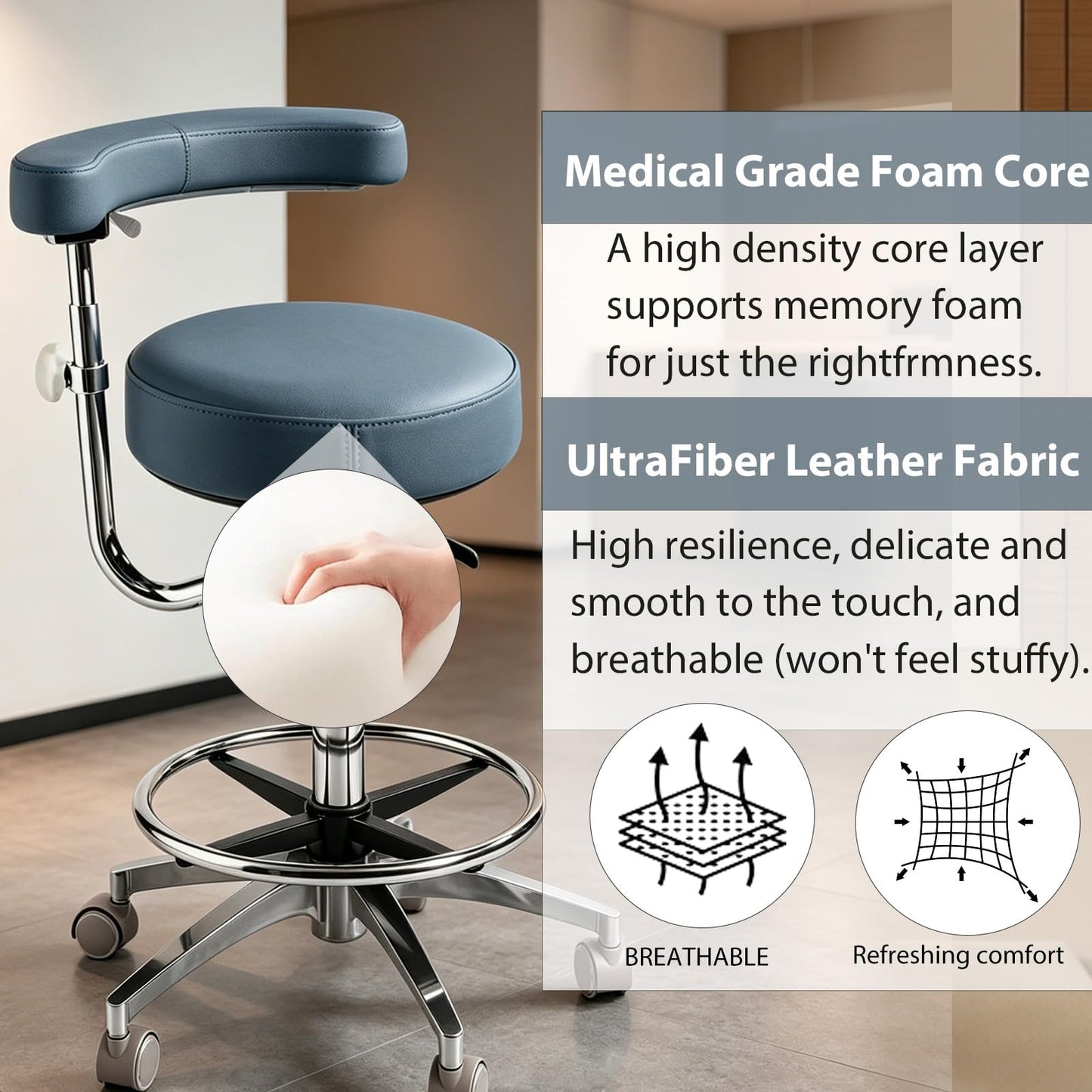 Viviange Ergonomic Dental Stool with Adjustable Height & Rolling Base - Comfortable Dentist Chair for Hygienists, Assistants, & Medical Professionals - Blue Grey