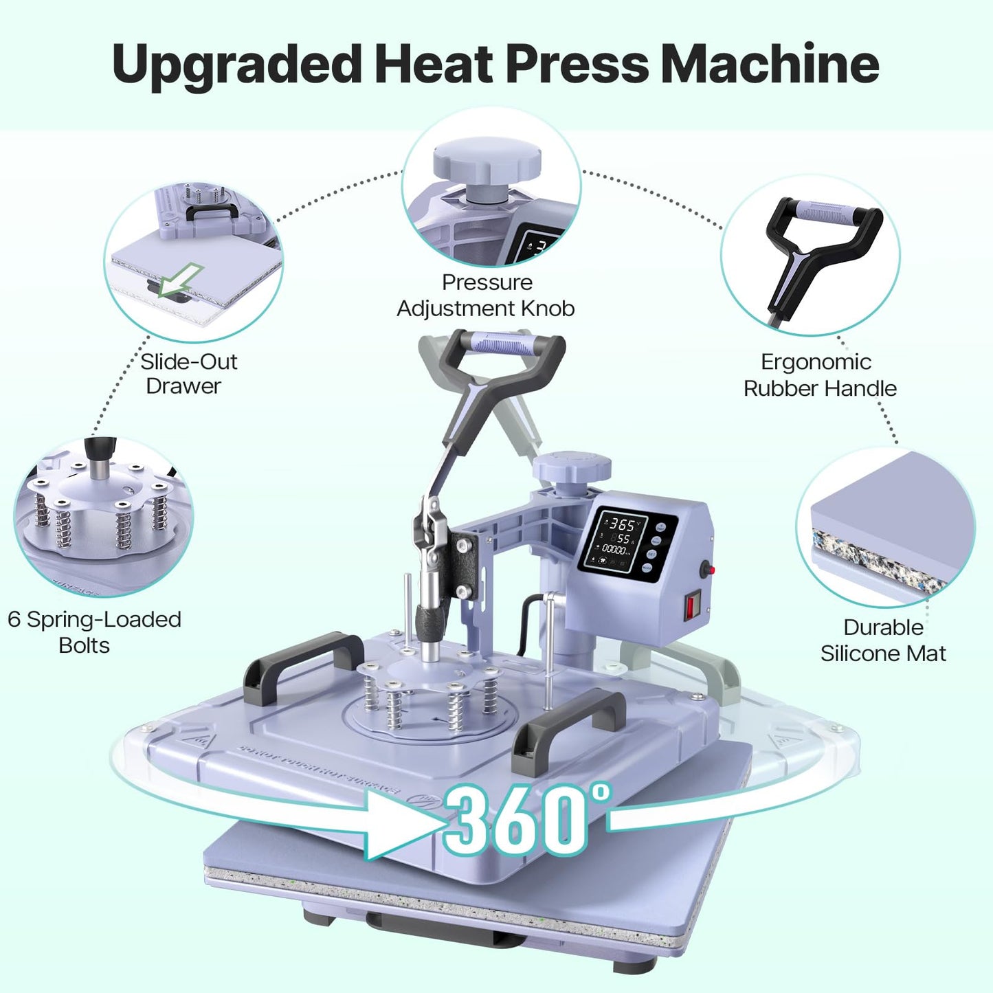 Slendor Heat Press 15x15 Inch 5 in 1 Heat Press Machine with 30OZ Tumbler 360-Degree Swing Away Digital Multifunction Heat Transfer Sublimation Combo for T Shirts Mugs Hat Plate Cap, Lavender