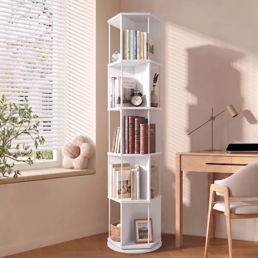 VIWODS Rotating Bookshelf, 5 Tier Spinning Bookshelf Tower, Revolving 360° Hexagonal Bookcase Storage,Vertical Turning Corner Book Shelf for Bedroom, Study Room, White