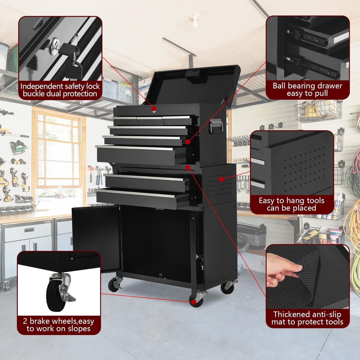 8-Drawer Heavy-Duty Metal Rolling Tool Chest with Auto Locking System, Lockable Wheels, Detachable Top Tool Box/Cabinet, Sliding Drawers & 2-in-1 Organizer for Garage, Workshop Storage, Black