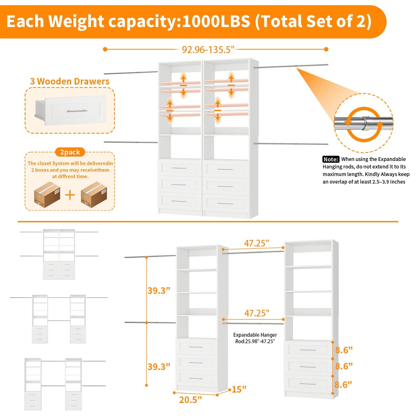Secilix Closet System with 6 Drawers, 6FT-15FT Wooden Closet Organizer System with 8 Expandable Hanging Rods and Shelves, Closet Shelving System for Walk in Closet for Bedroom,Wall Mount, White 2 Sets