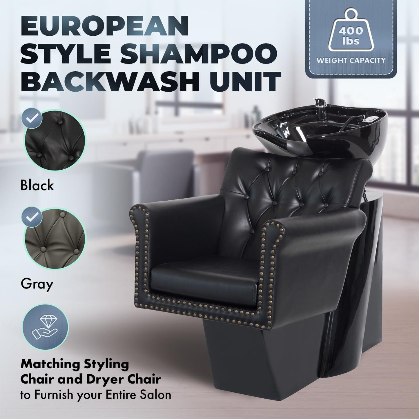 Buy-Rite Chelsea Shampoo Backwash Unit - Tufted Chair, Removable Cushion, Tilting Porcelain Bowl, Single-Lever Faucet, Vacuum Breaker & Install Kit Included - NIN-9902 (Black Chair Black Sink)