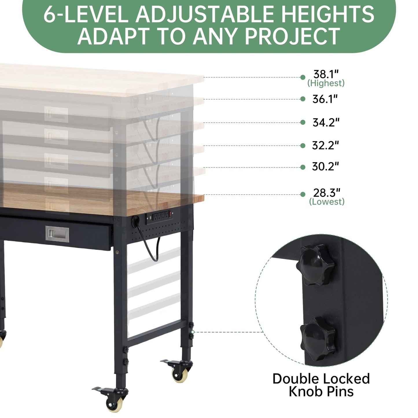 48" Adjustable Work Benches with Drawer, Heavy Duty Garage Workbench with Wheels, Max Load 2000 LBS Tool Bench Shop Table with Power Outlet & Rubber Wood Top for Woodworking, Office, Home