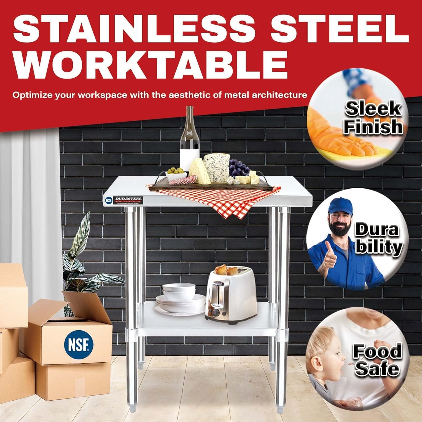 DuraSteel 30x48 Stainless Steel Work Table - NSF Commercial Prep Metal Table - Outdoor Pizza Oven Stand w/Under Shelf - Kitchen Island Laundry Utility Garage Microwave Stand Large Rolling Storage Cart