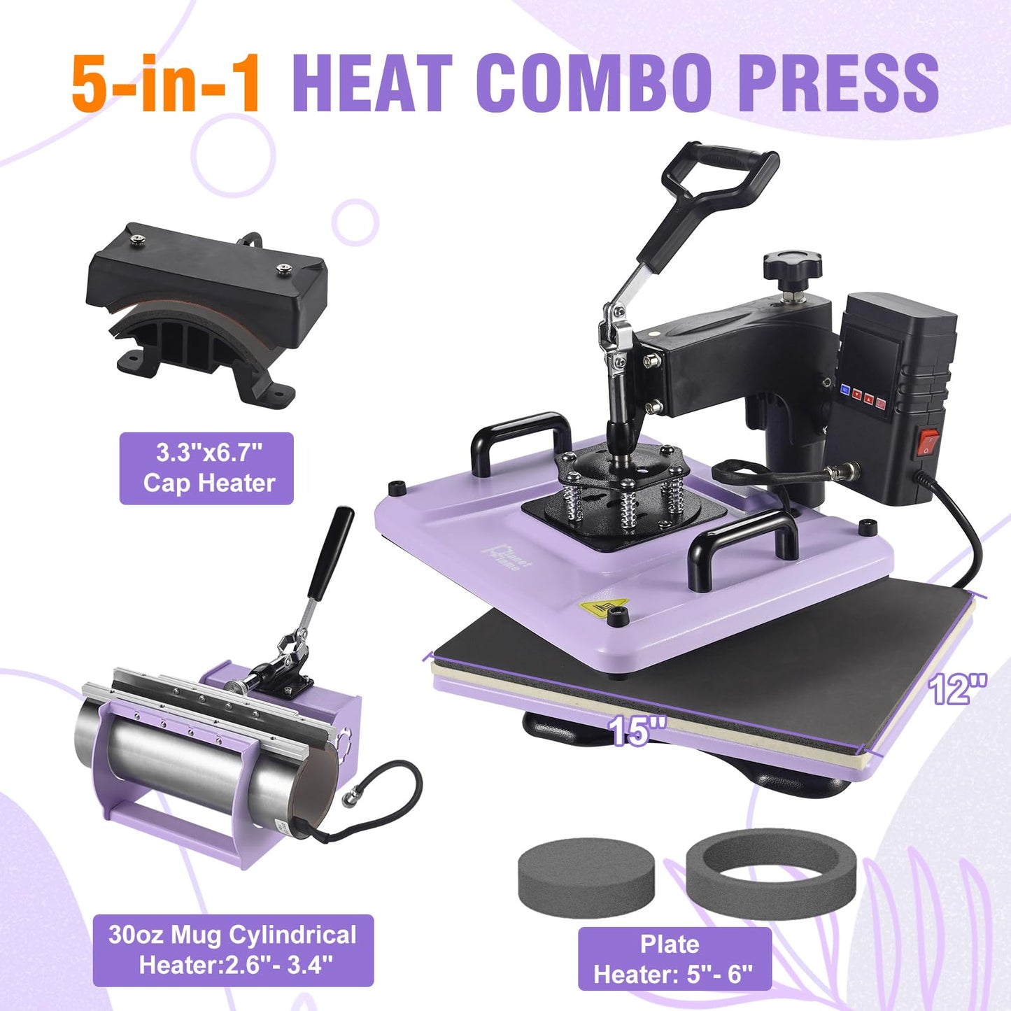 PlanetFlame Heat Press Machine 12x15 Inch, 360° Swing Away 5 in 1 Heat Transfer Machine, Multifunctional Heat Transfer Press Machine with 30OZ Tumbler Attachment for Hat/Plate/T-Shirt/Mug, Purple