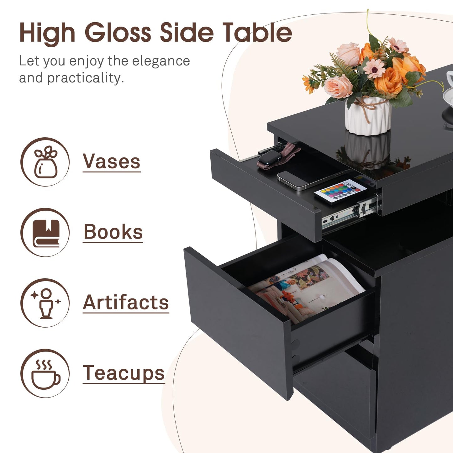 OC Orange-Casual LED End Table with Power Outlet, High Glossy Sofa Side Table, Small Nightstand with Drawer and Storage Cabinet, Narrow Side Table with Charging Station for Living Room (2, Black)