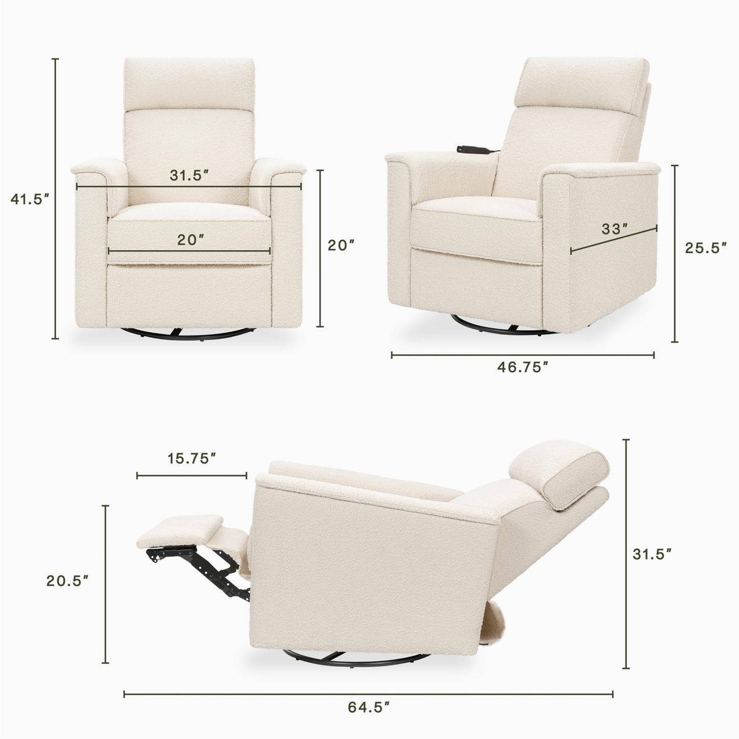 Namesake Willa Deluxe Power Recliner & Swivel Glider with Heat & Massage in Performance Ivory Boucle, Built-in USB Charging Port, Adjustable Headrest | Greenguard Gold & CertiPUR-US® Certified