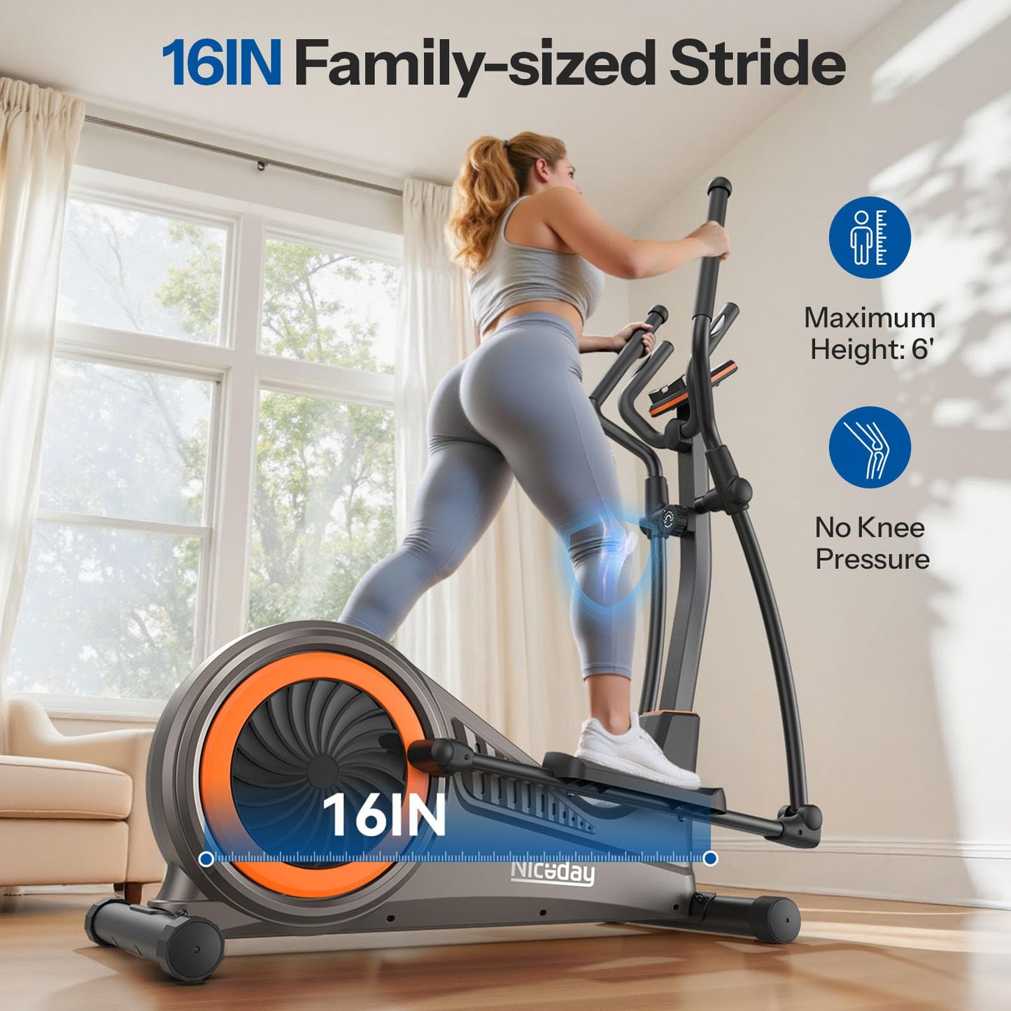 Niceday Elliptical Exercise Machine, Elliptcal Machine for Home, 16IN Stride Elliptical Machine, Elliptcal Training Machine with 16 Level Resistance, 400LBS Loading Capacity