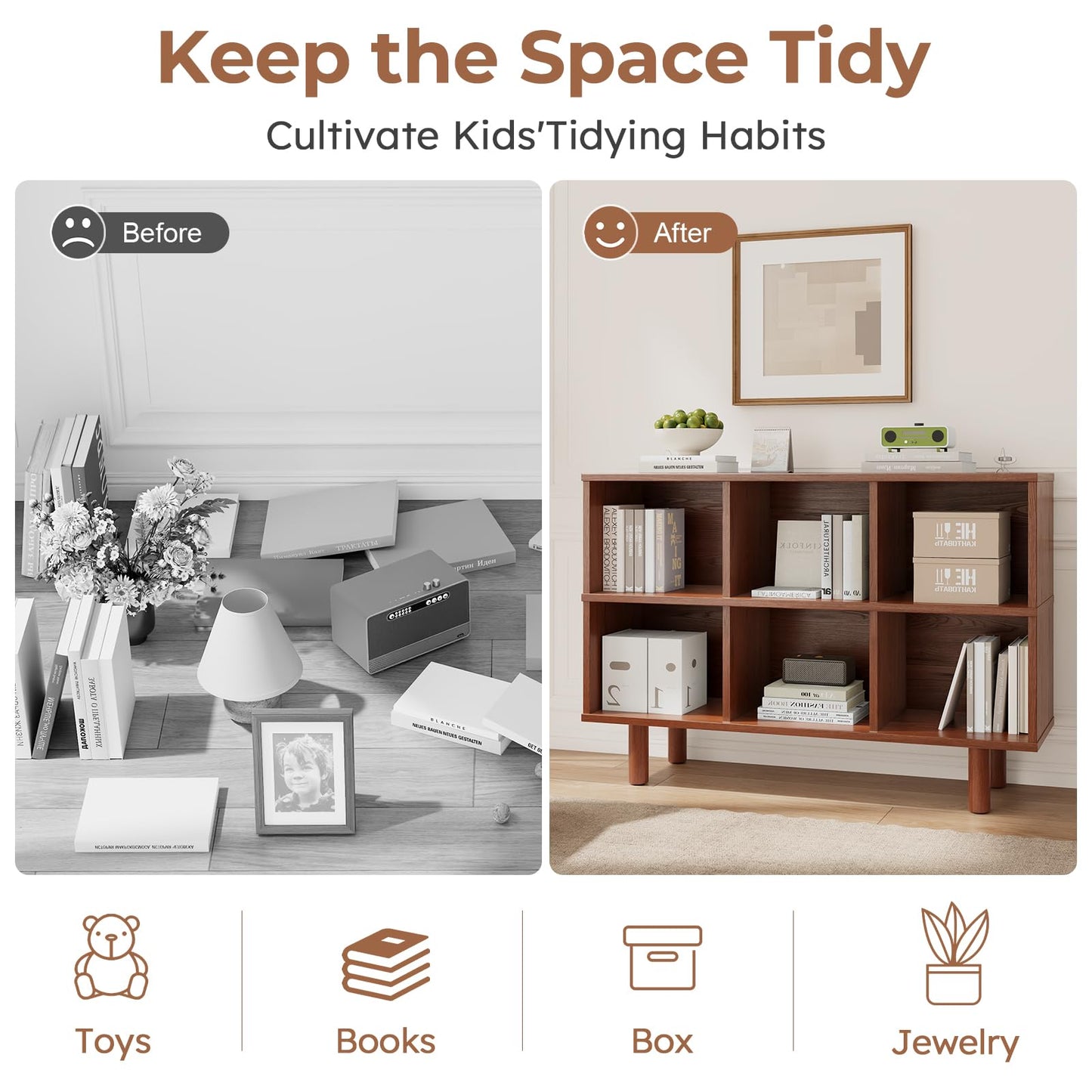 Solid Wood 6 Cube Storage Organizer, Horizontal Bookshelf with Storage, 2 Shelf Bookcase, 6 Cube Shelf, TV Stand Bookshelf, Small Book Shelf for Kids Rooms, Bedroom, Living Room, Offices (47.2 Wide)