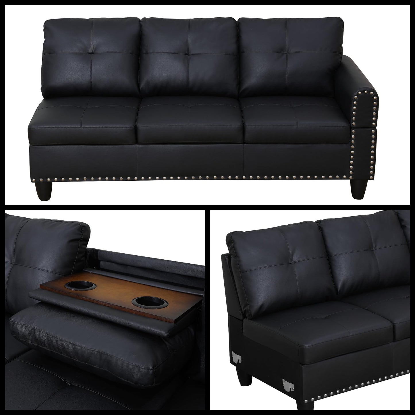 Trygoal L-Shaped Sectional Sofa with Movable Chaise & Storage Ottoman, Leather 3-Piece Modular Convertible Couches for Living Room, Apartment & Office, Black