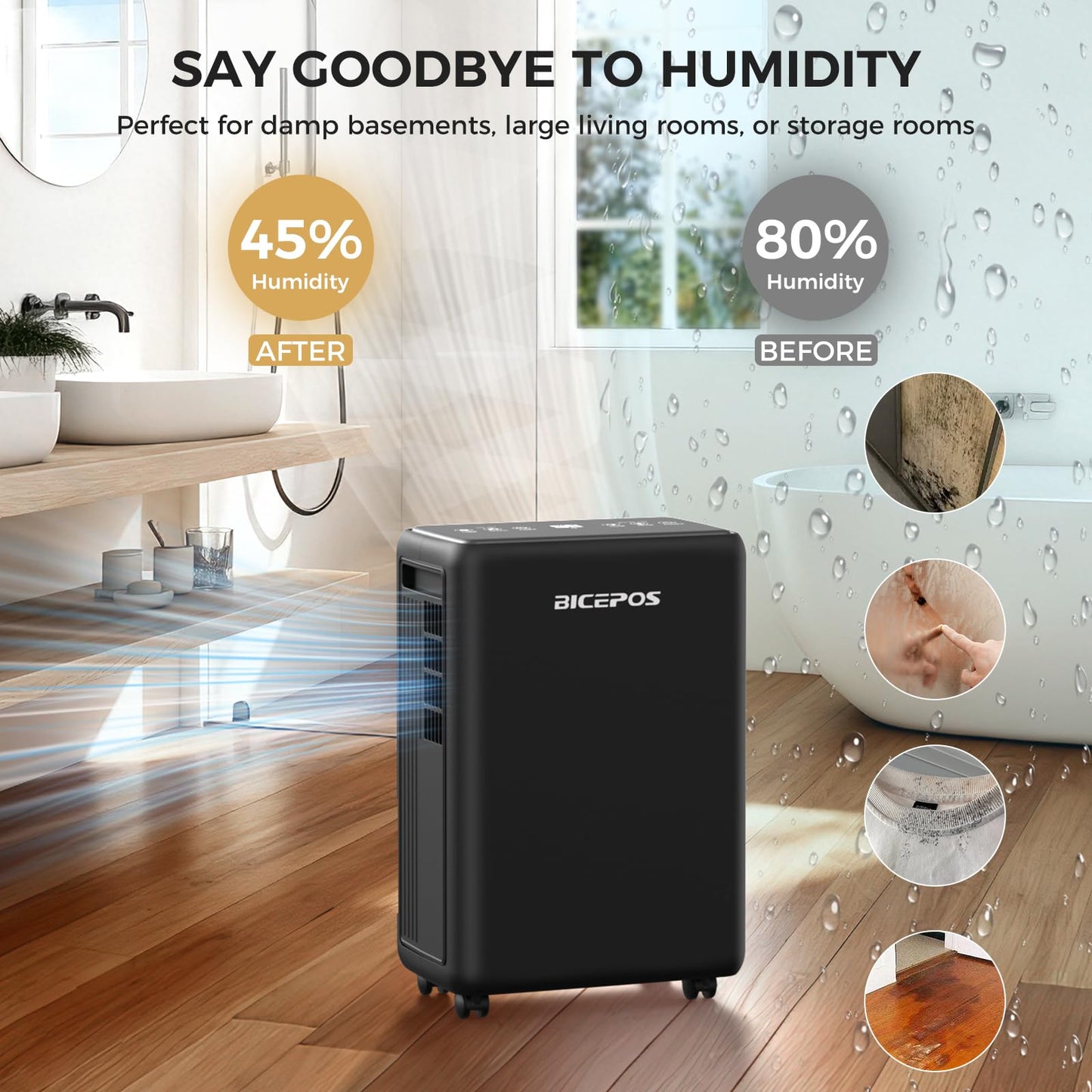 Bicepos 2000 Sq.Ft Dehumidifier for Basement, 30 Pints Dehumidifiers for Home with Drain Hose, 0.52 Gal Water Tank, Intelligent Humidity Control Auto Shut Off for Bathroom, Laundry, RV, Office