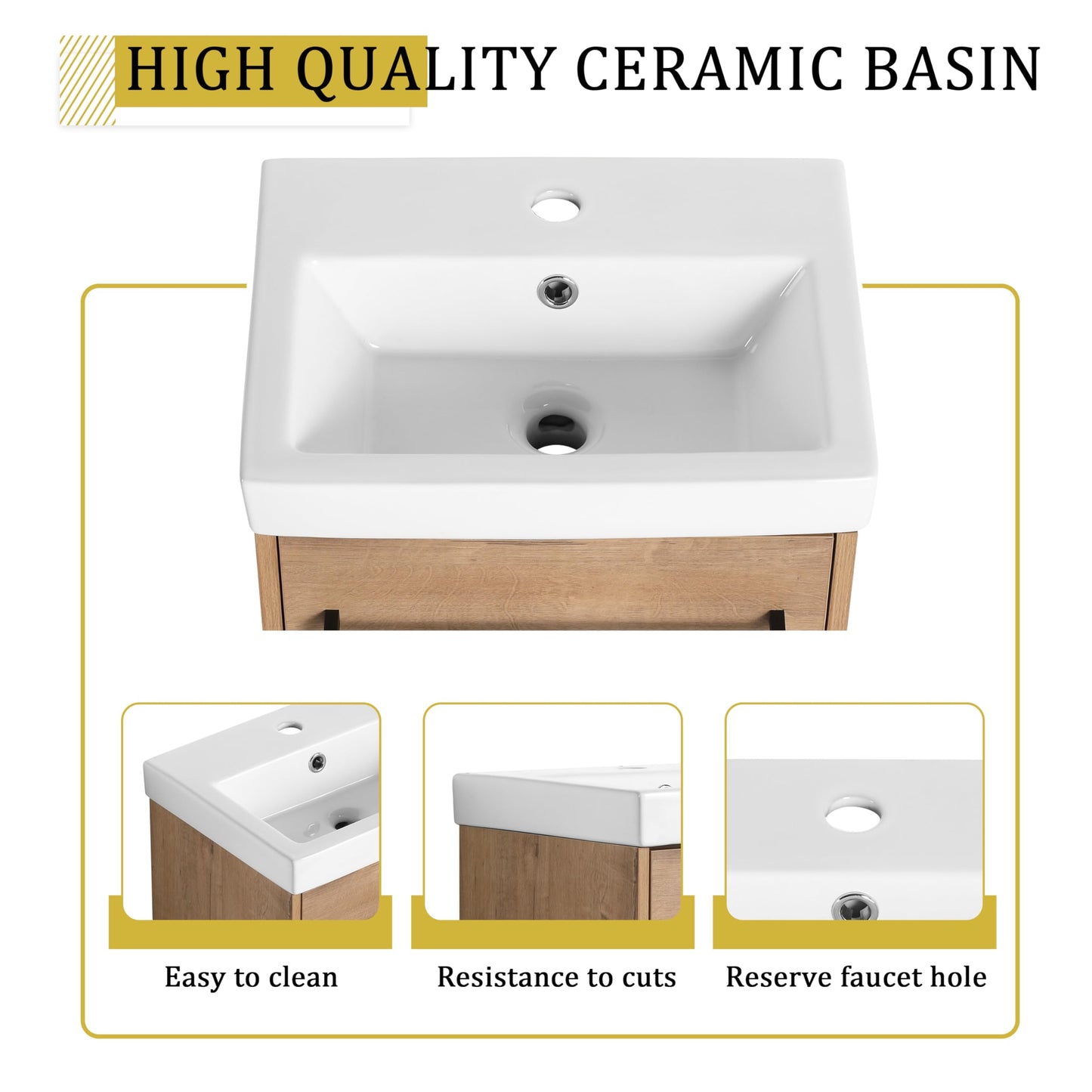 Noble House Home Furnishings Glemab 17.31" Floating Wall-Mounted Bathroom Vanity, Bathroom Vanity with Ceramic Sink, Soft-Close Cabinet Door, Wall-Mounted Storage Cabinet with Ceramic Sink, Oak