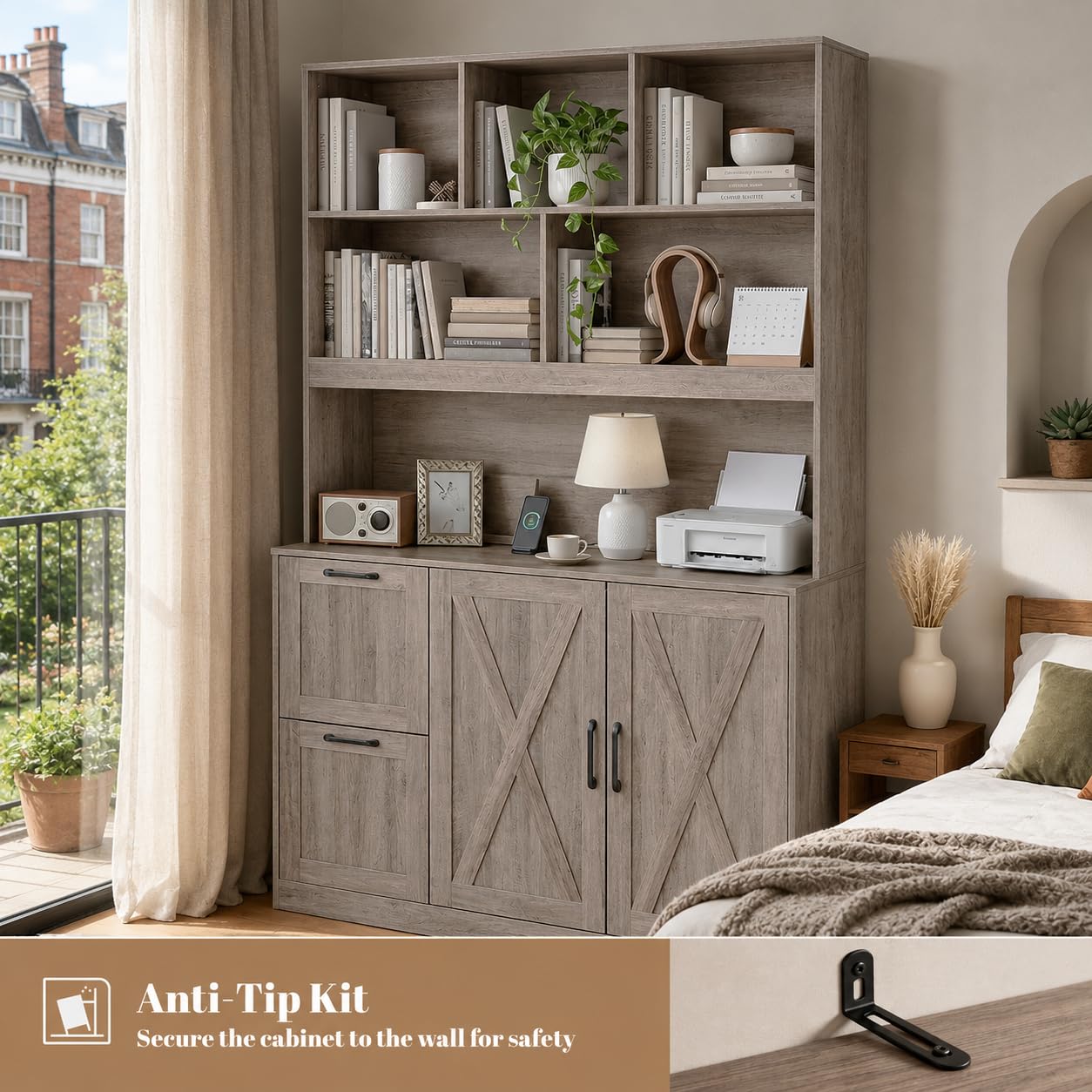 NORTHSKY 72" Tall Bookshelf with Drawers & Doors, Bookcase with Power Outlet and File Cabinet, Office Bookshelf with 2 File Drawers, Open Shelves & Storage Cabinets for Home Office, Greige