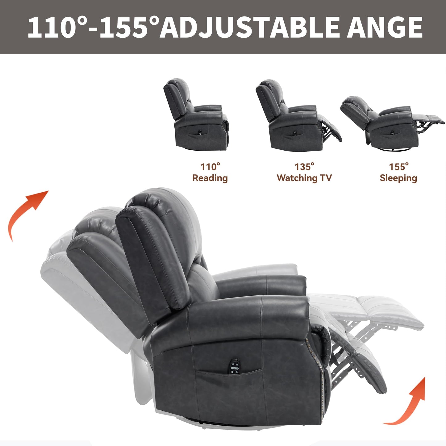 GDFStudio Heat Massage Swivel Rocker Recliner Chair, Manual Fabric Recliner with 360° Swivel, Rocking Function, Lumbar Heat and 8-Point Massage, Overstuffed Living Room Reclining Chair, Grey
