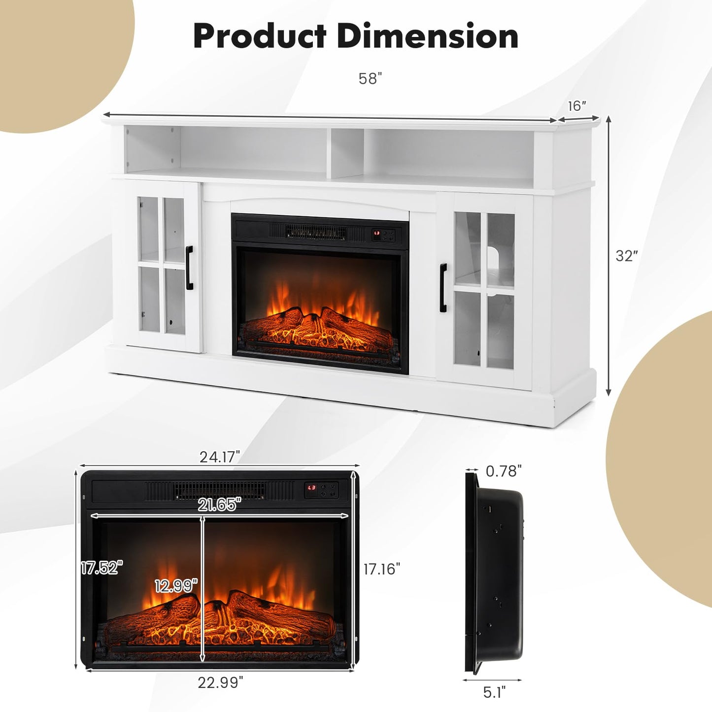 CLEEMAN Electric Fireplace TV Stand for TVs up to 65”, Media TV Console w/ 23” Fireplace Insert Heater, Remote Control, 3-Level Flame, Overheat Protection, Entertainment Center for Living Room (White)