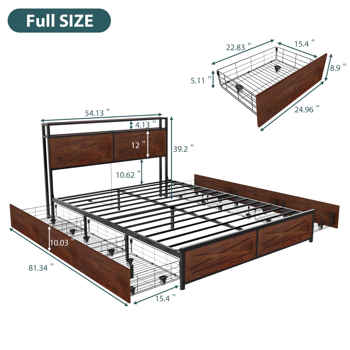 Zevemomo Full LED Bed Frame with 6 Storage Drawers, Farmhouse Headboard w/Charging Ports Station, Full-Size Platform Bed Frame No Box Spring Needed, Metal Structure & Wood Boards, Rustic Bed Frames