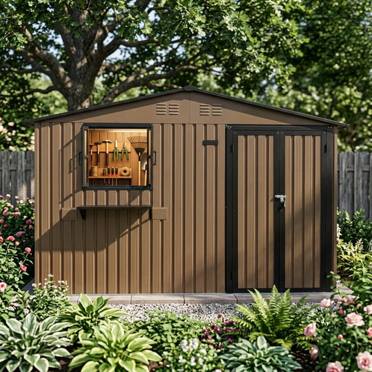 10x8 FT Storage Shed,Outdoor Metal Building Backyard Shed with 2 Clear Openable Windows,Windowsill & Garden Bed Flower Rack,Lockable Double Doors Tool Shed, Heavy Duty Waterproof,for Yard,Brown