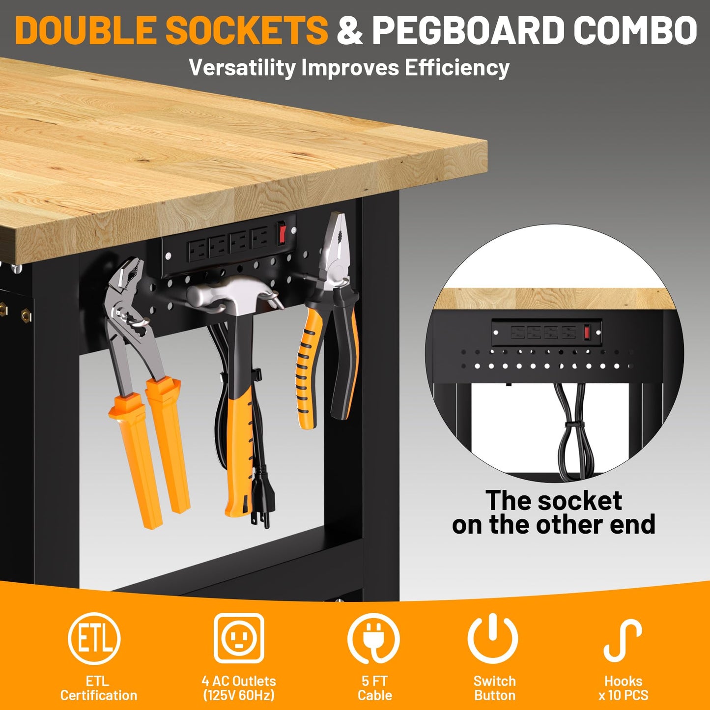96" Adjustable Workbench, 5000 Lb Capacity Heavy-Duty Work Bench Table with Power Outlet & Pegboard, Rubber Wood Top Garage Work Table for Workshop, Garage, Office