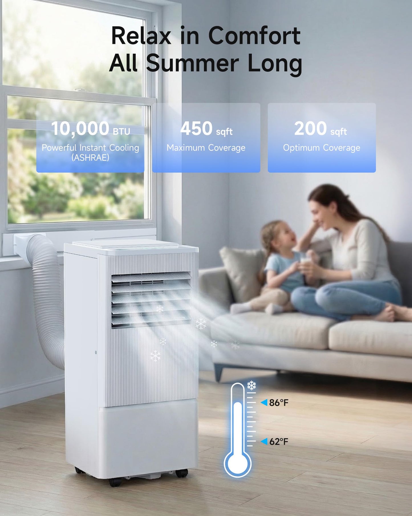 Air Choice Portable Air Conditioners, 10000 BTU Air Conditioner Portable for Room Up to 450 Sq.Ft, Remote Control, 24H Timer, Dehumidifier & Fan Modes, 3-in-1 Portable AC Unit for Bedroom, Window Kit