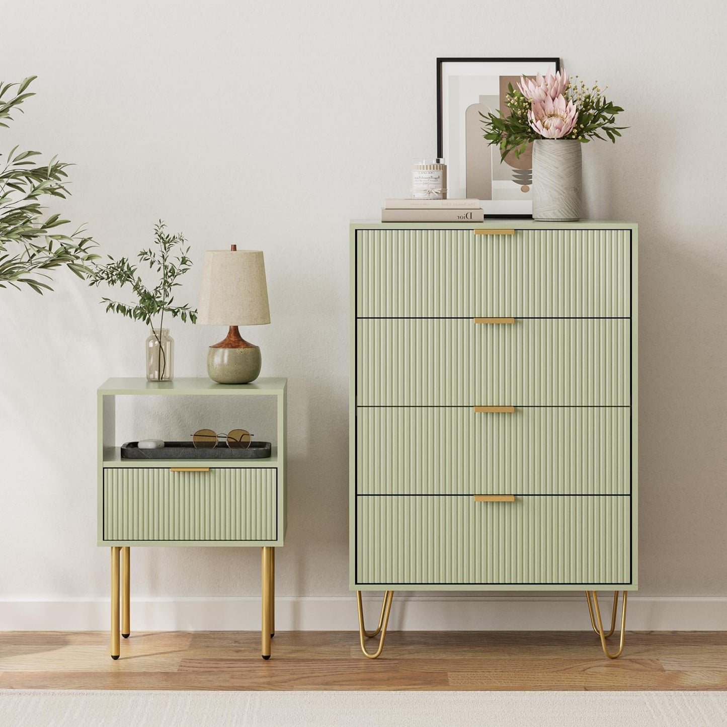 Masupu 4 Drawer Dresser, Drawer Chest, Tall Storage Dresser Chest Cabinet Organizer Unit with Gold Metal Legs, Nightstand for Bedroom, Living Room, Closet, Hallway Green Stripe