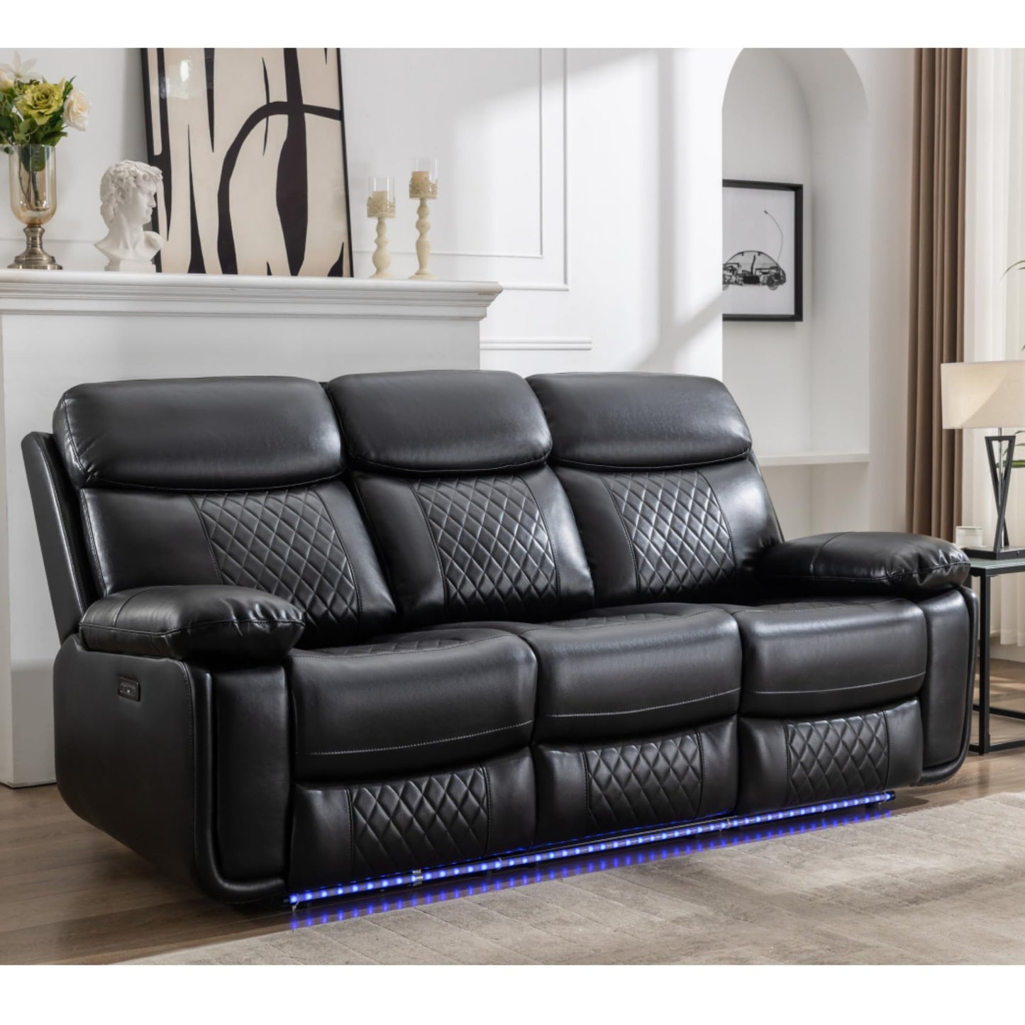 KEIKI 2-Piece Power Reclining Sofa Set with 1 Oversized Technical Leather 3-Seater Sofa & 1 Loveseat Sofa, Electric Control 5-Seater Couch Set with Cup Holder, Storage Armrest, for Living Room, Black