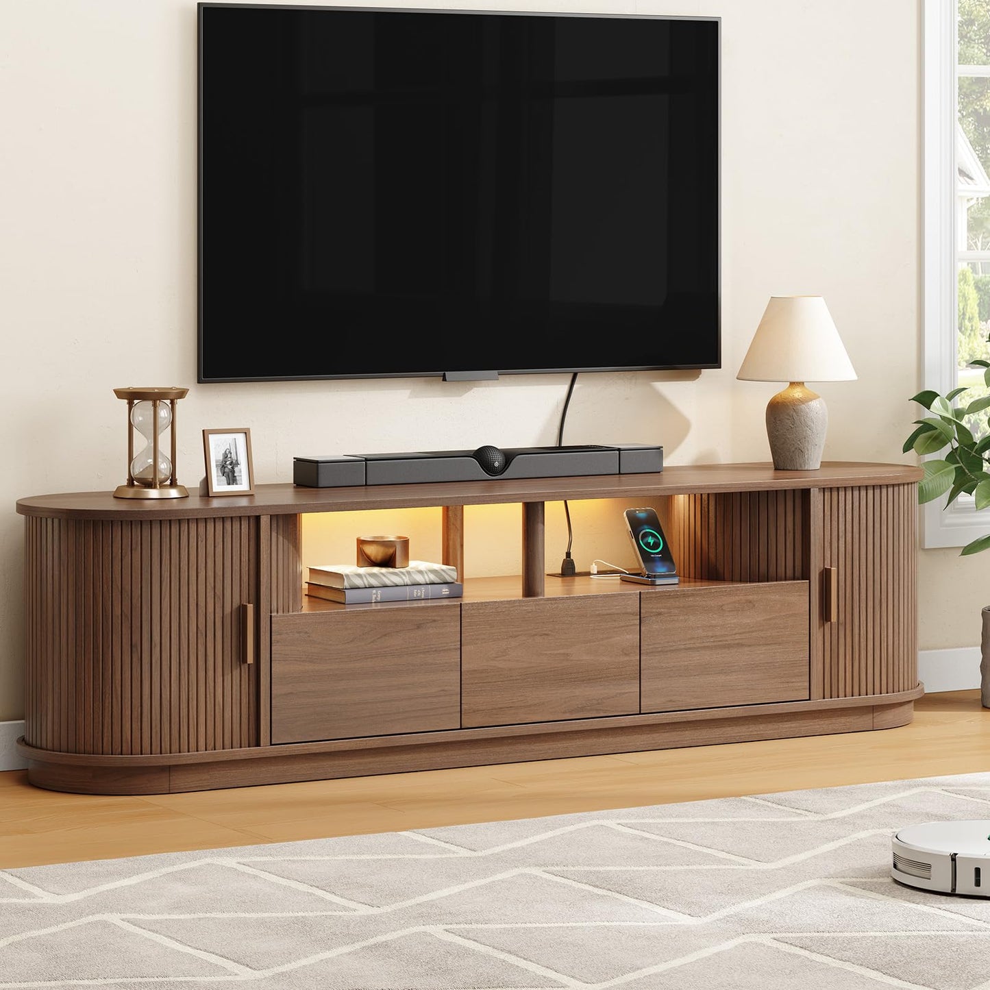 ONBRILL 71" TV Stand with Power Outlet and Led Lights for TVs up to 85", Entertainment Center with 3 Drawers and 1 Open Shelf, Mid-Century Modern TV Console with Sliding Door for Living Room, Walnut