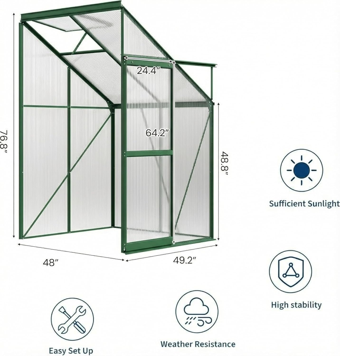 4x4 ft Lean-to Walk-in Polycarbonate Greenhouse,Greenhouse Kit,Lean-to Greenhouse for Outdoors,Portable Wall-Mounted Outdoor Green House with Sliding Door,Adjustable Roof Vent & Rain Gutter