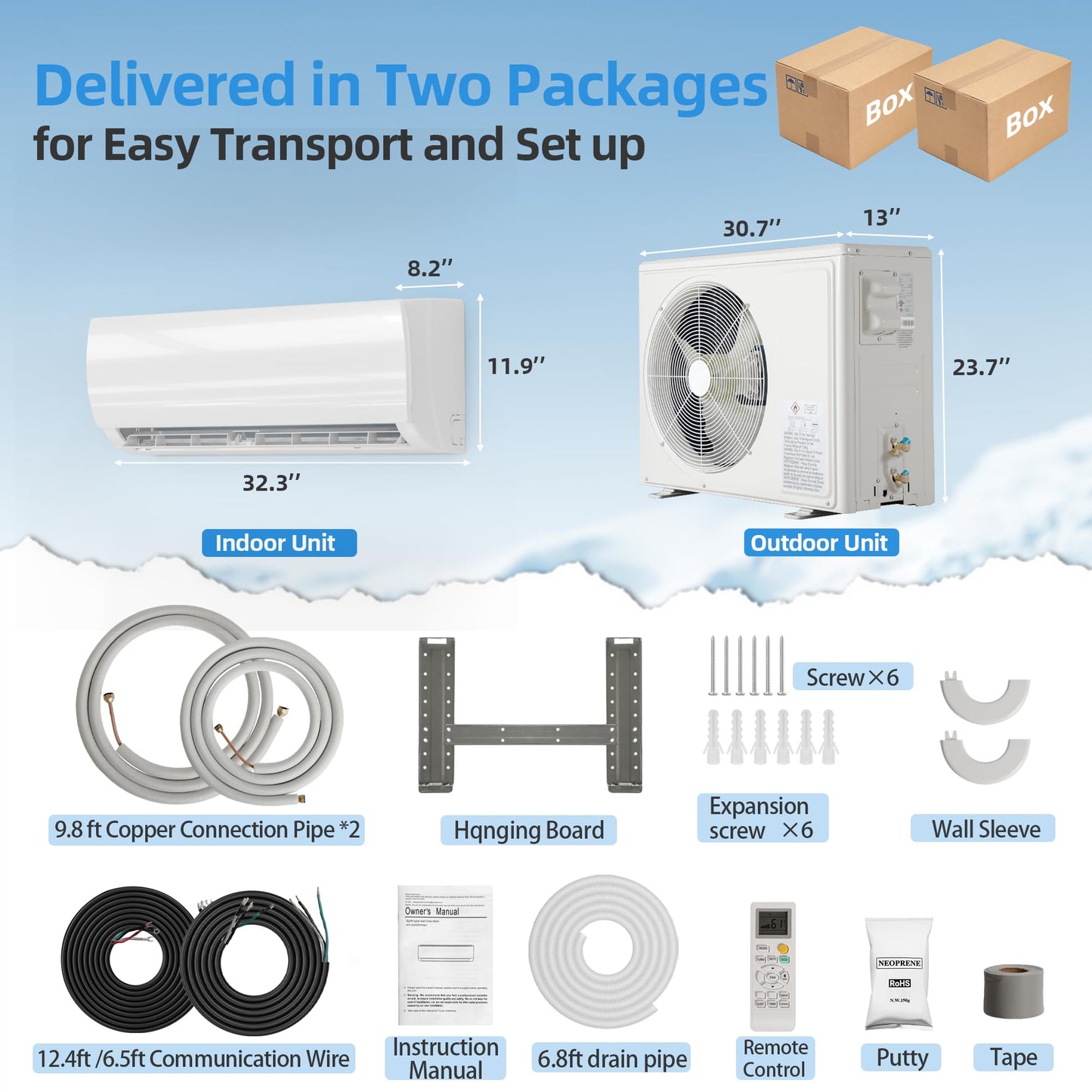 Manastin 12000BTU Mini Split Air Conditioner & Heater with Inverter, 19 SEER2 115V Energy Saving AC Unit Cools Rooms up to 750 Sq. Ft, Complete Installation Kit