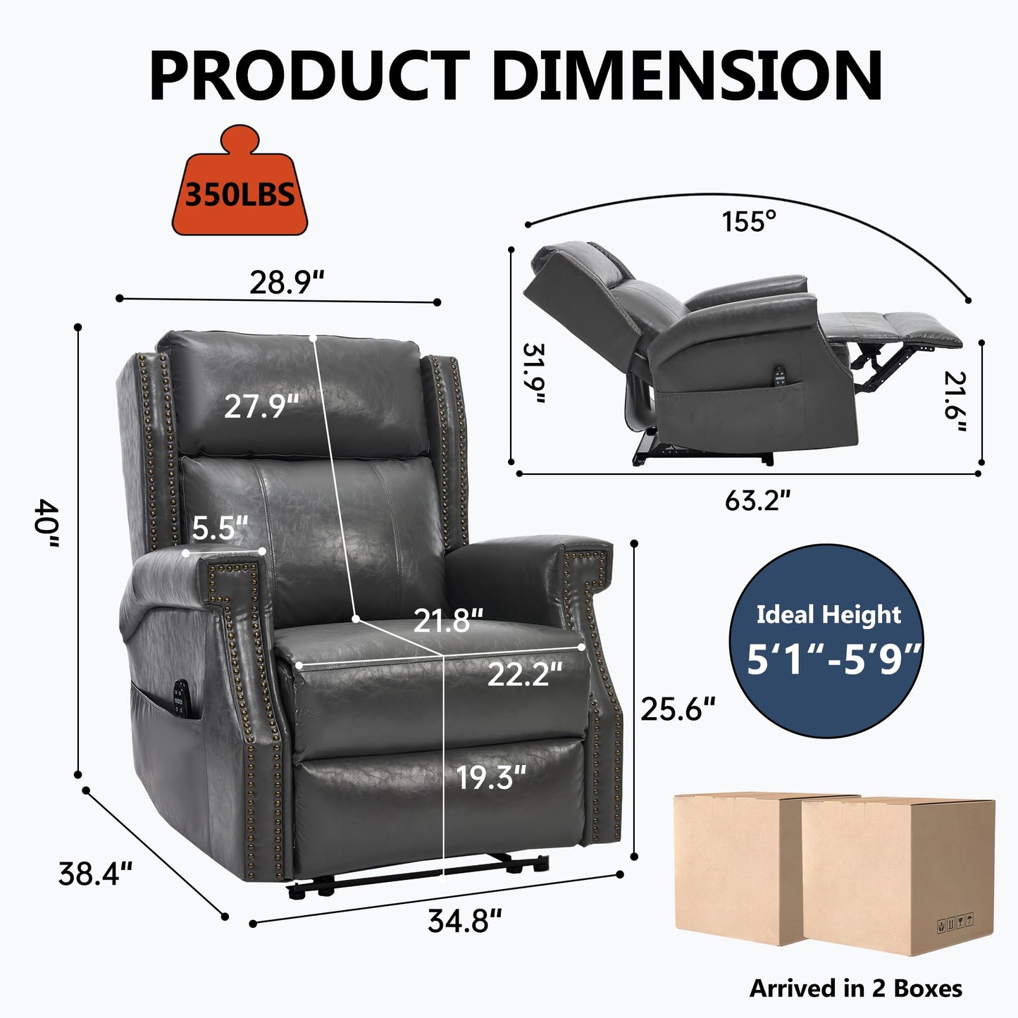 KEIKI Mid Century Modern Oversized Recliner Accent Chair for Adults, Manual Leather Recliner Chair with Back Massager and Heating for Living Room, Comfy Rocking Chairs for Small Spaces, Grey