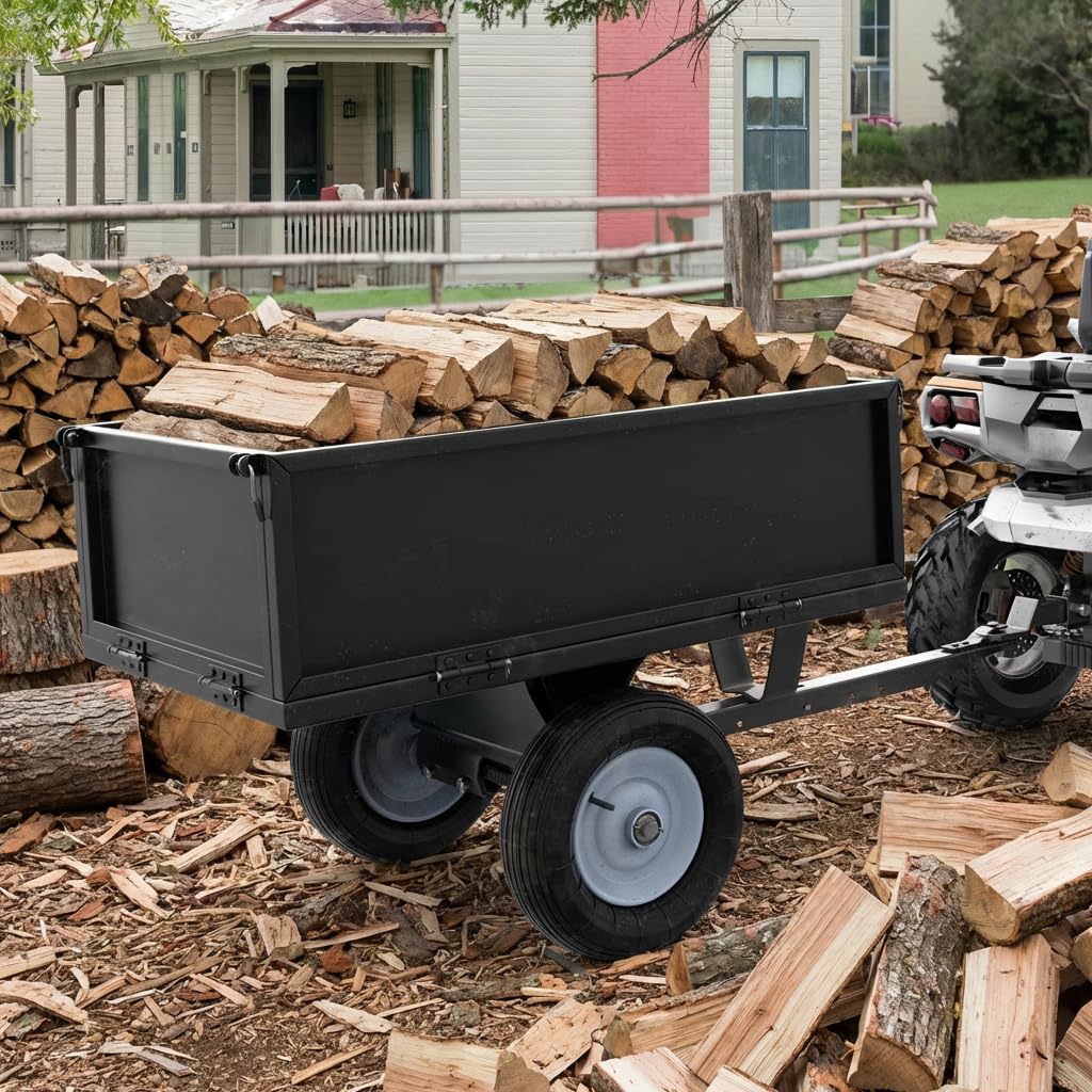 YINTATECH ATV Trailer Steel Dump Cart,Heavy Duty Pull Behind Dump Trailer with Fold-Down Side Panels, Yard Garden Utility Trailer for Lawn Mower Trailer Tractor, Alloy Steel, Black