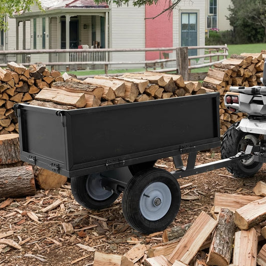 YINTATECH ATV Trailer Steel Dump Cart,Heavy Duty Pull Behind Dump Trailer with Fold-Down Side Panels, Yard Garden Utility Trailer for Lawn Mower Trailer Tractor, Alloy Steel, Black