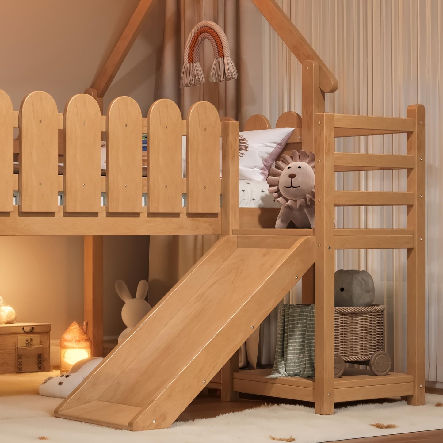 KEIKI Full Size Wooden House-Shaped Loft Bed Frame with Stairs & Ladders & Storage Shelves, for Girls and Boys, Low Loft Bed with Round Shape Guardrails & Slats, Easy Assembly, for Bedroom, Natural