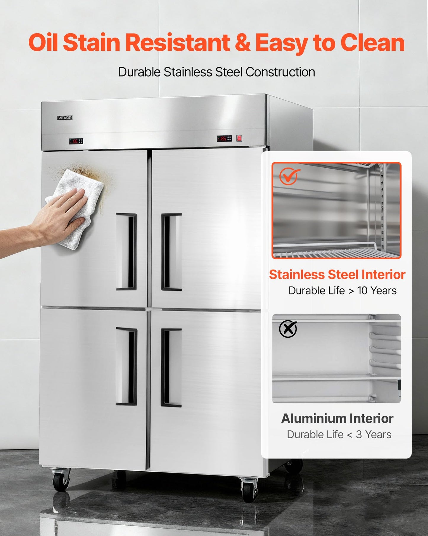 VEVOR Commercial Refrigerator and Freezer Combo 48" W, 31 Cu.Ft Stainless Steel Upright Freezer/Refrigerator with 4 Doors, Auto-Defrost, 6 Adjustable Shelves, UL Certified