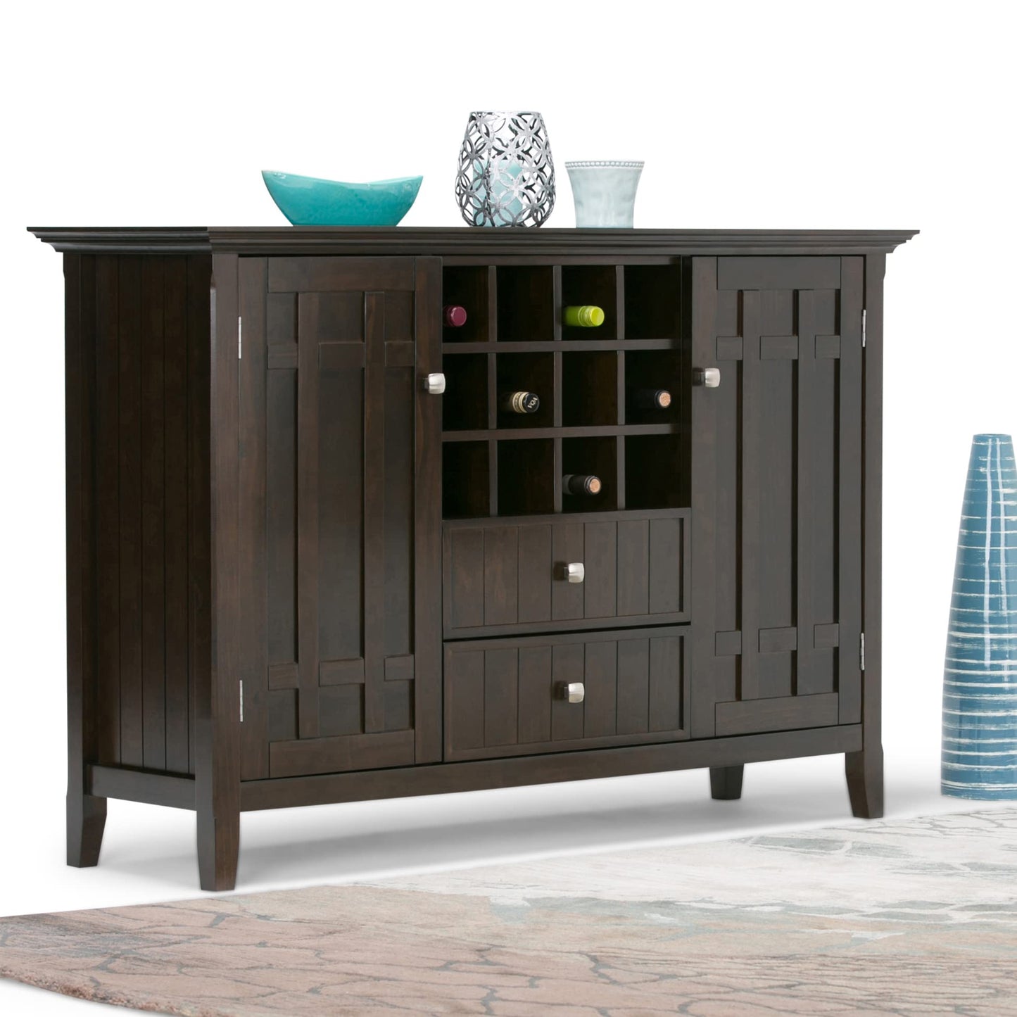 SIMPLIHOME Bedford Buffet - 54 inch Wide Solid Wood 3-Door Sideboard Buffet with Wine Rack in Brunette Brown, Transitional Cabinet for Dining Room or Kitchen with Adjustable Shelves