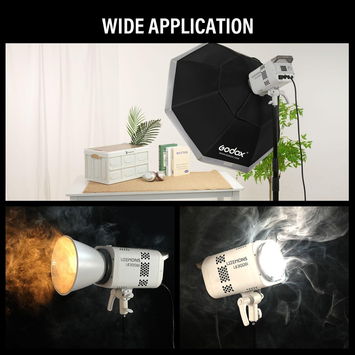 GODOX LE300Bi Light Kit, Godox Litemons LE300Bi Video Light with Softbox Light Stand, Bowens Mount, DMX/Bluetooth APP Control, NFC Connection, 2800K~6500K, 58900Lux@1m, CRI/TLCI98, 11 Fx Effects