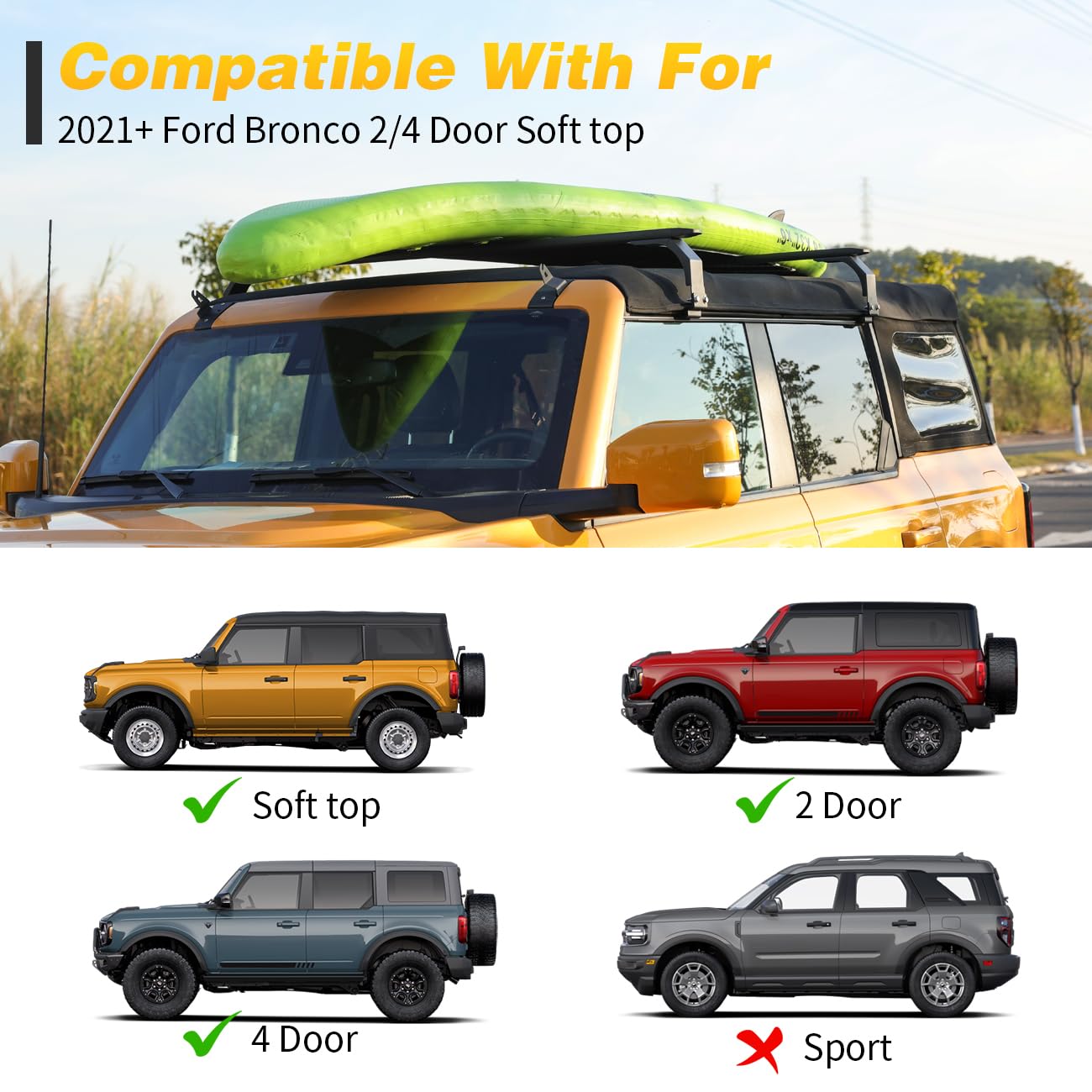 MSIZOY Heavy Duty Roof Racks Cross Bars Compatible with for Ford Bronco Soft Top 2/4 Door 2021 2022 2023 2024 2025 2026 Aluminum Rooftop Crossbars Rails Luggage Racks Ski Bike Snowboard Cargo Carrier