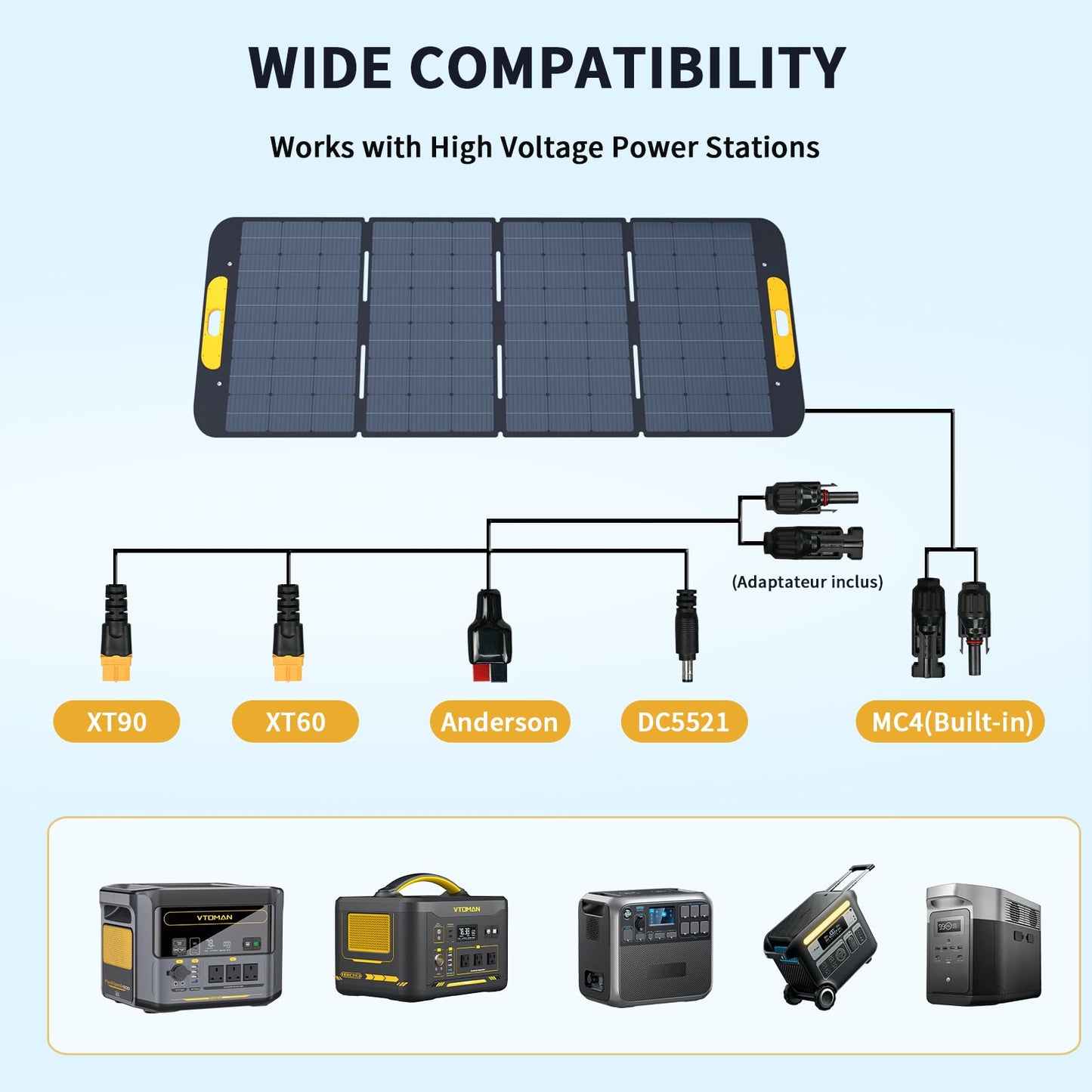 VTOMAN VS400 Portable Solar Panel 400W 43V, 25% Efficiency Foldable Solar Panel w/ IP67 Waterproof & MC-4 Anderson XT60 XT90 DC5521 Adapters & Adjustable Kickstands, Off-Grid Power for Home & Camping