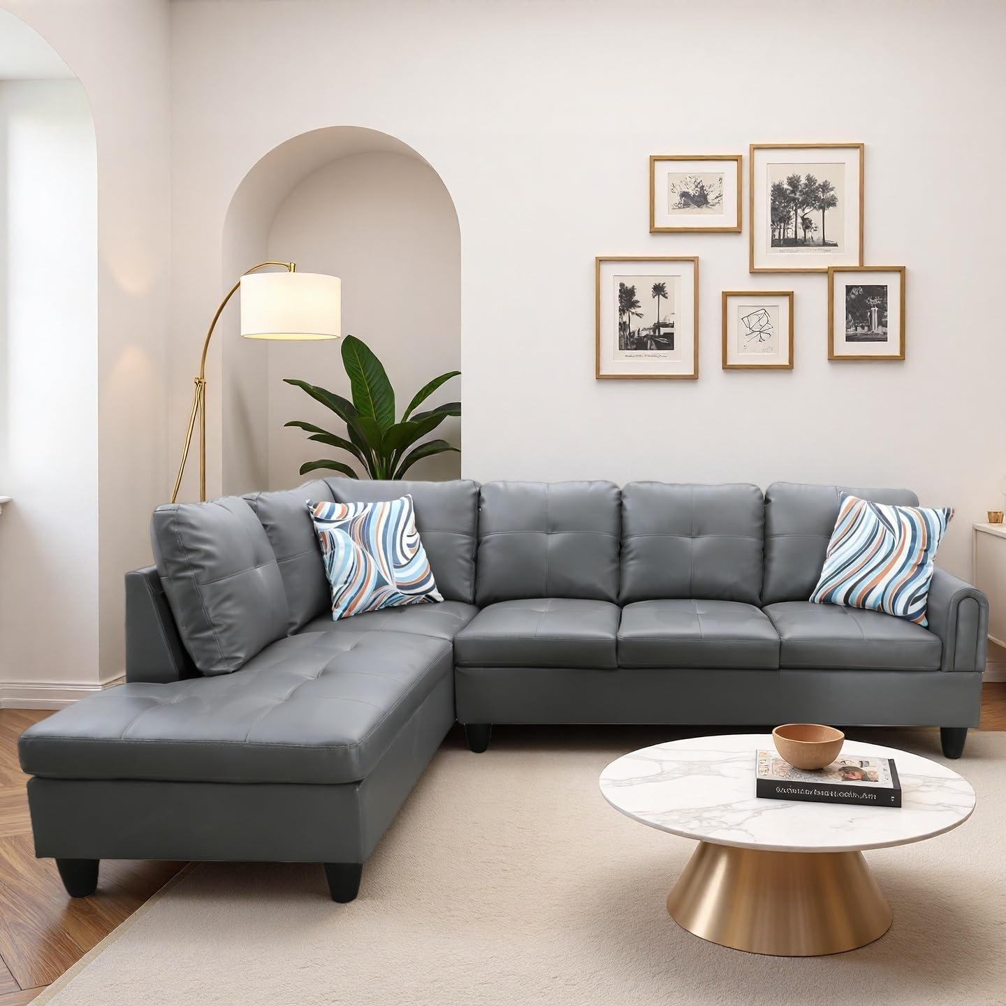 Trygoal Modern L-Shaped Sectional Sofa with Chaise Lounge, 4-Seater Leather Couch with High-Density Foam Cushions, for Living Room, Apartment, Studio, Easy Assembly, Dark Grey