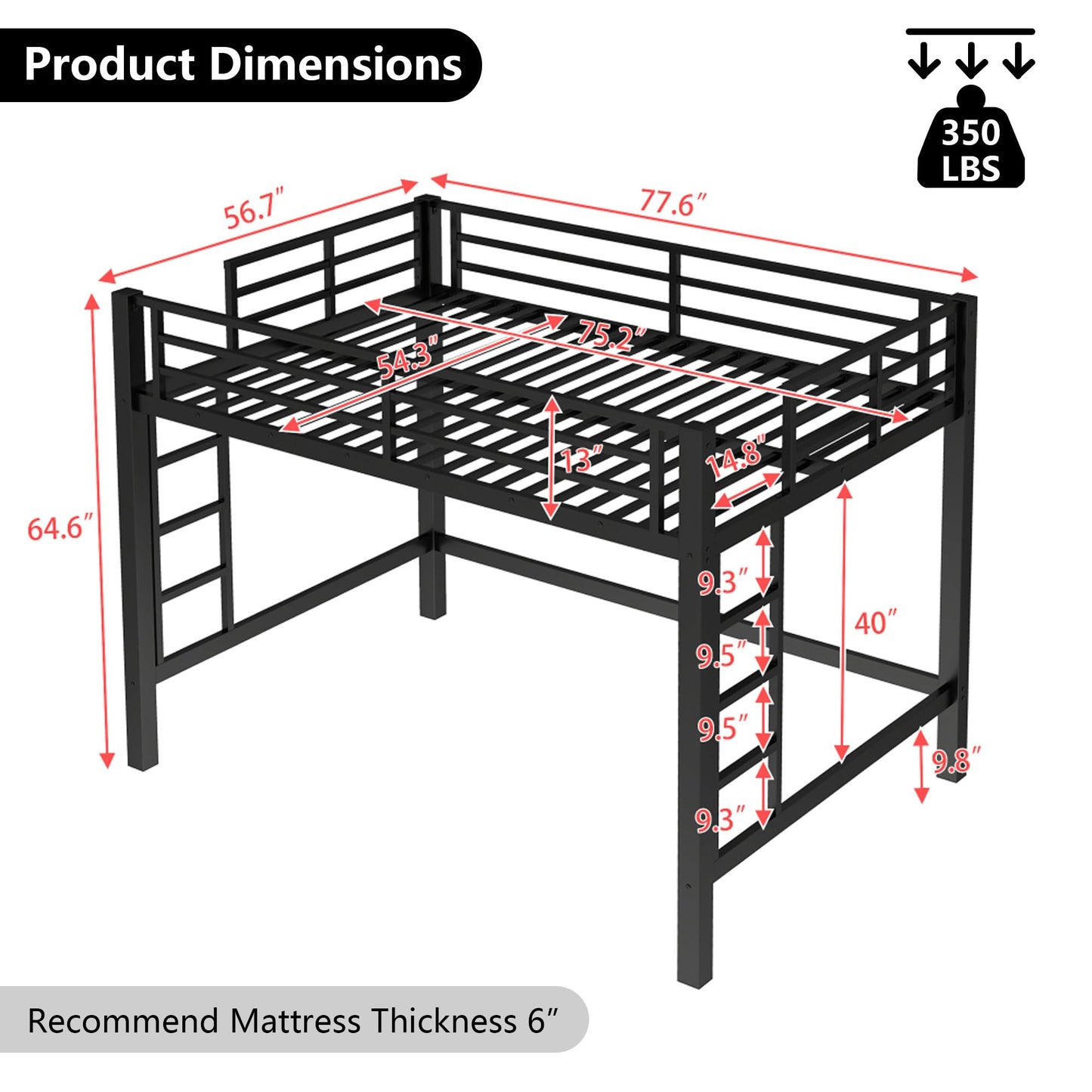 Bellemave Full Size Metal Loft Bed Frame with 2 Ladders, High Guardrail & Sturdy Iron Construction, Space-Saving Adult Loft Bed for Dorms, Safe for Kids, Teens, No Box Spring Needed, Black