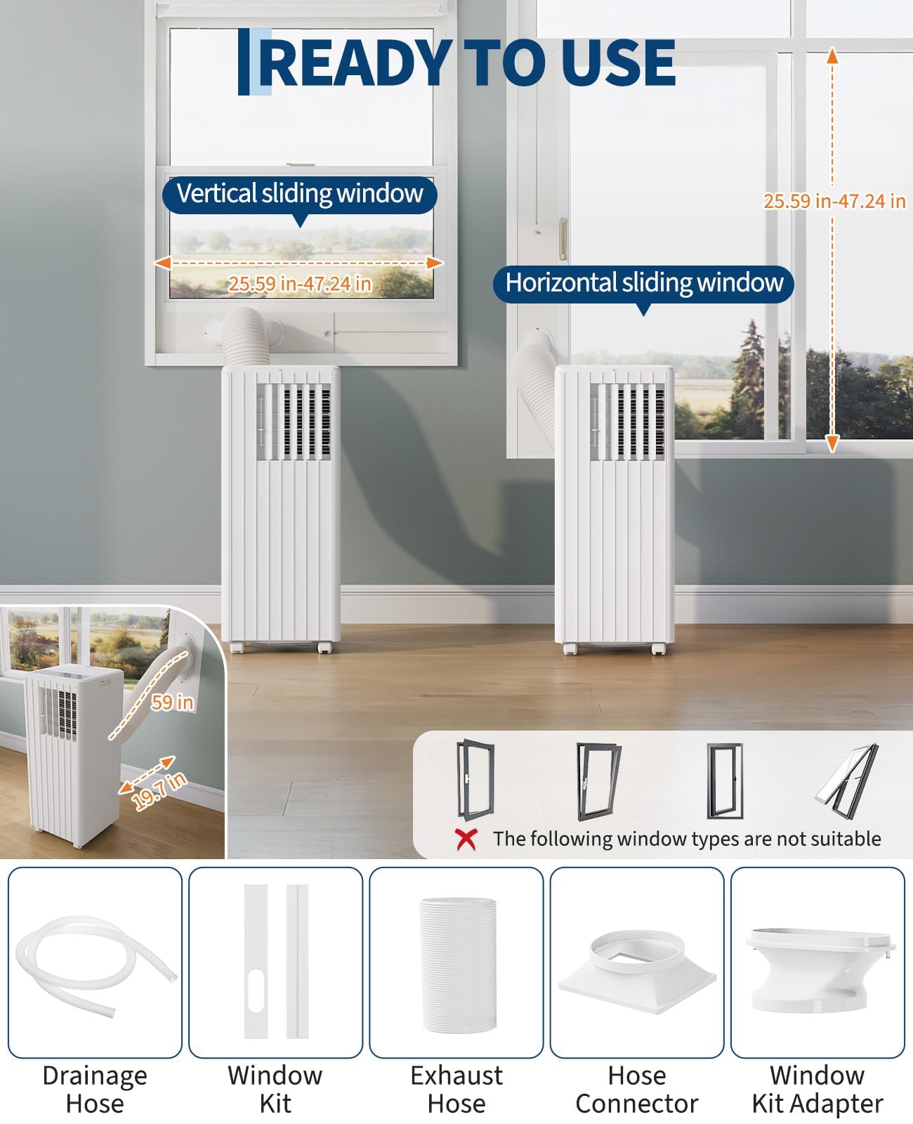 8000 BTU Portable Air Conditioners, Cools Up to 350 Sq. Ft, 4-in-1 Portable AC Unit for Rooms with Remote Control, Quiet Operation, 24H Timer, Window Installation Kit for Home Office