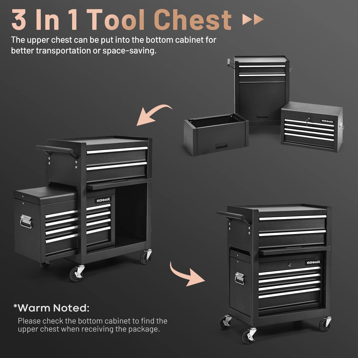 ERGOMASTER Rolling Tool Chest - Removable Top Box Large Bottom Cabinet with Casters and Lock System Tool-Box - Heighten 6-Drawer Black