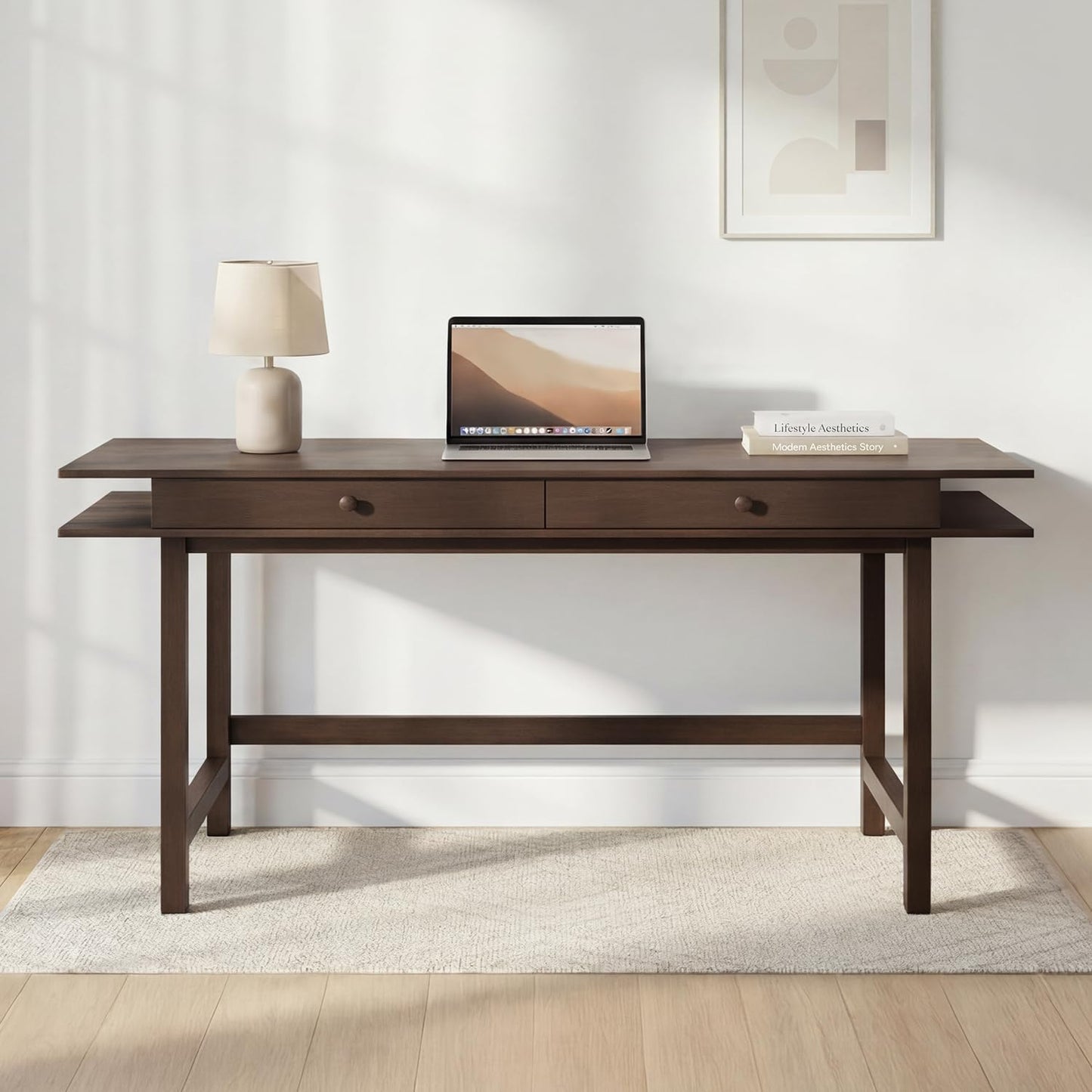 ELEVAQ Double-Top Solid Wood Desk - 60-Inch Mid-Century Modern Writing Table with Drawers for Home Office, Study, and Creation, Rubberwood Computer Desk in Black Walnut