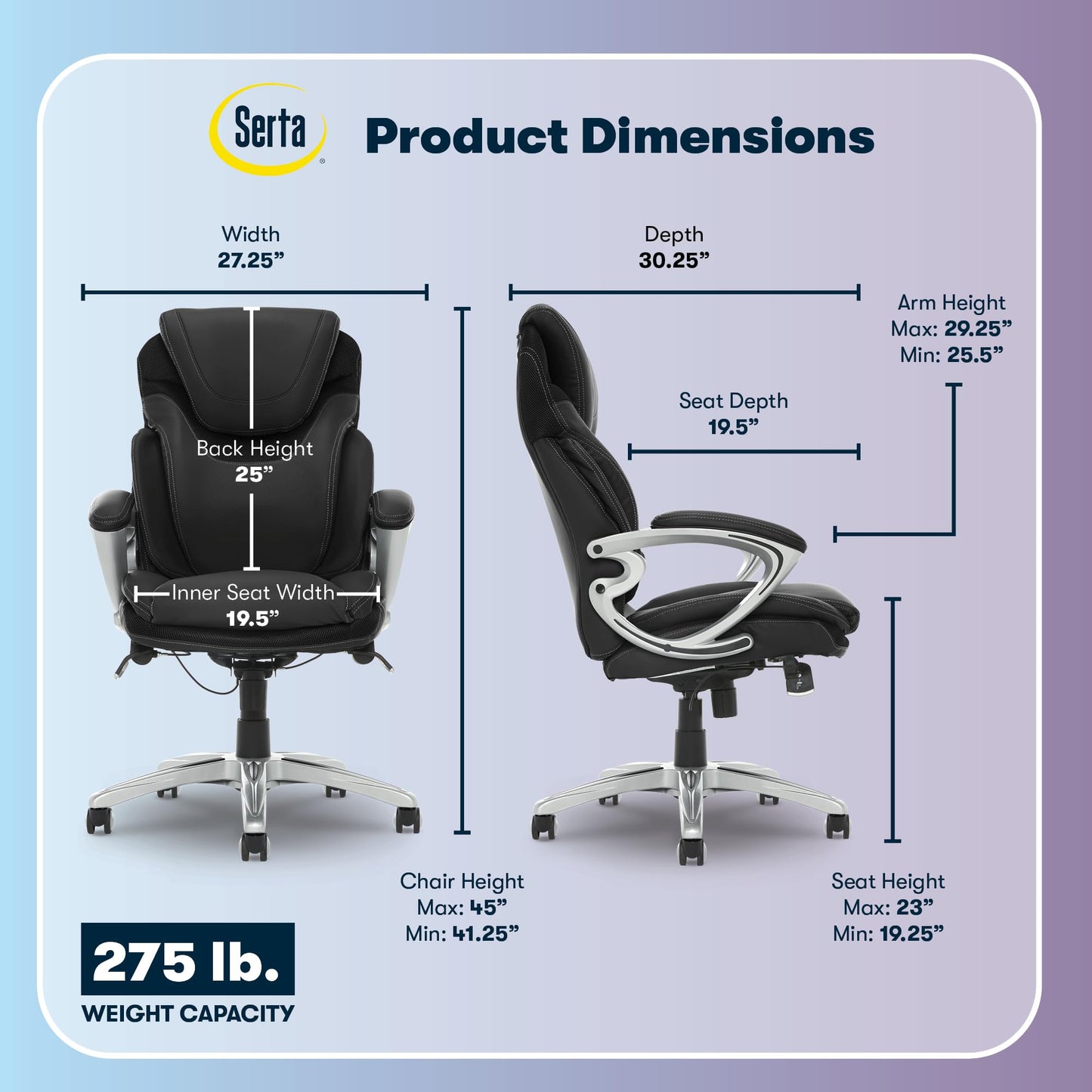 Serta Bryce Executive Office Chair - Ergonomic Computer DeskChair with Lumbar Technology - Adjustable Height - Memory Foam Body Pillows - 360° Swivel Rolling Base - Bonded Leather - Black