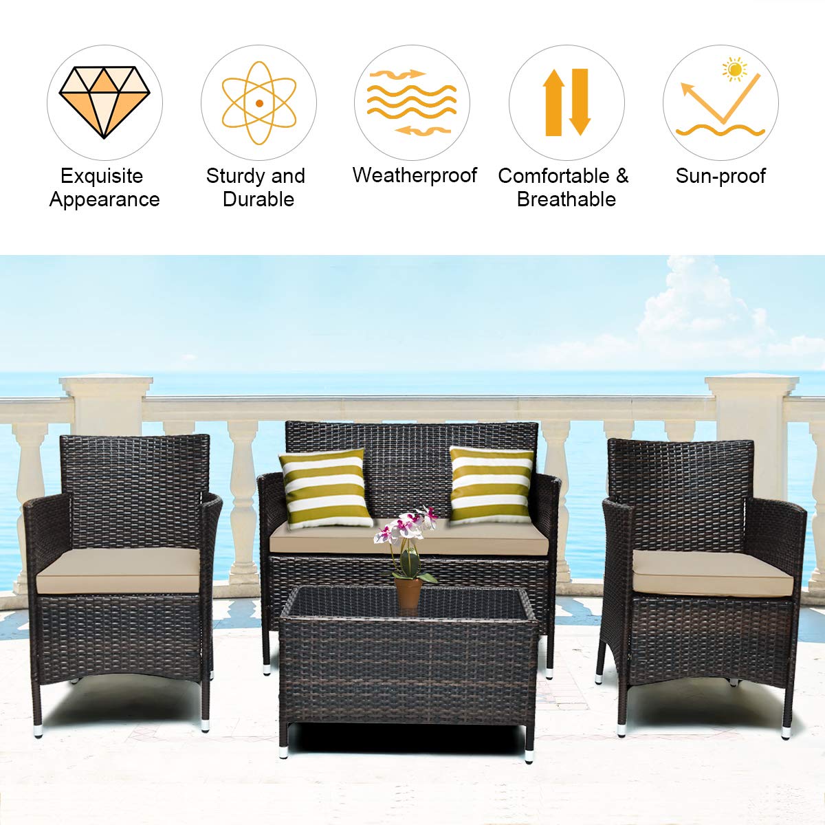 COSTWAY 8PCS Rattan Patio Furniture Set, Outdoor Wicker Rattan Chairs with Coffee Table, Rattan Cushioned Conversation Set for Backyard Balcony Porch Poolside, Brown